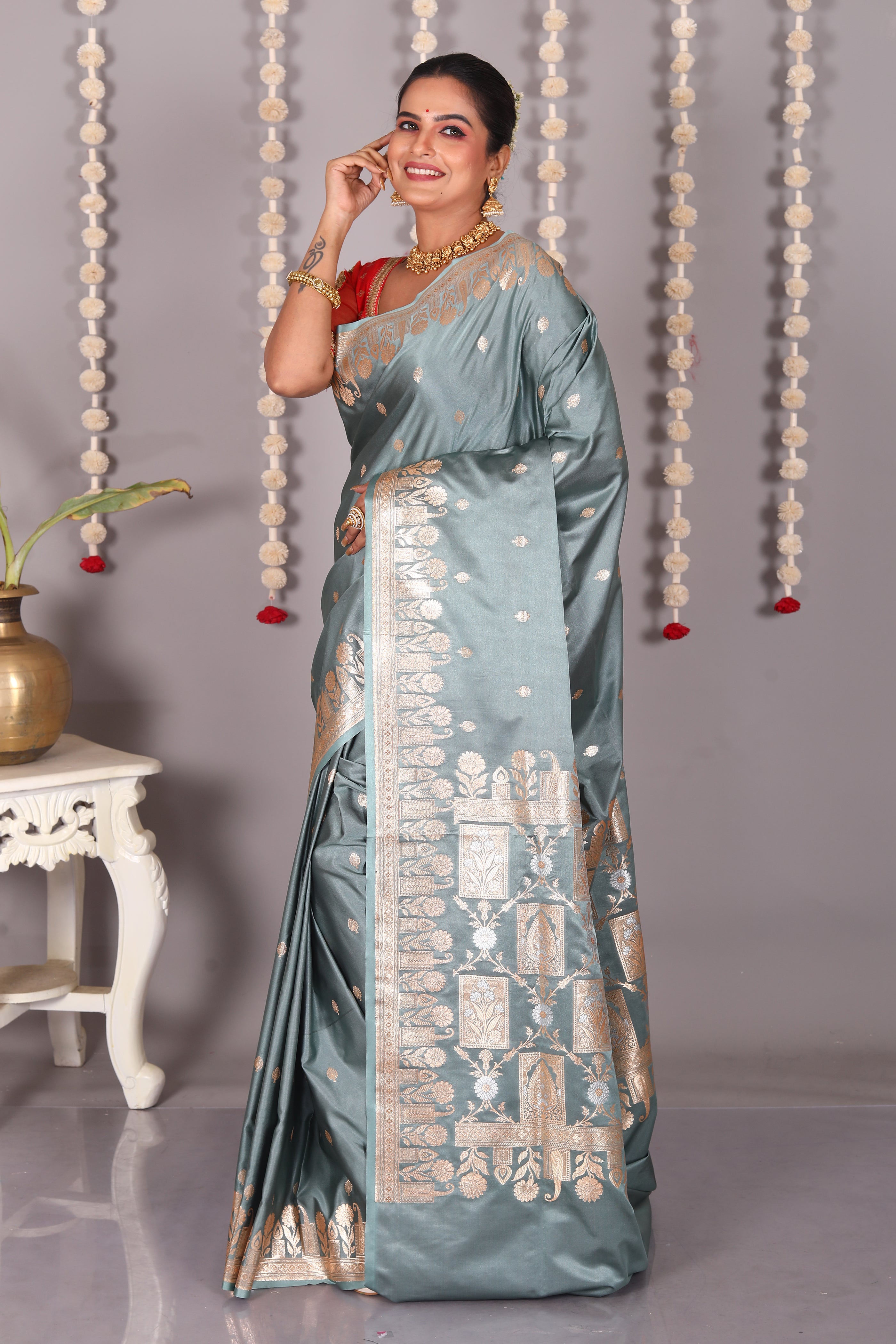 Grey Blended Mashru Katan Banarasi Silk Saree - Keya Seth Exclusive