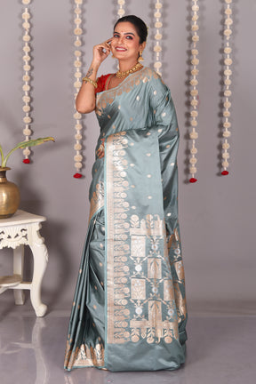 Grey Blended Mashru Katan Banarasi Silk Saree - Keya Seth Exclusive