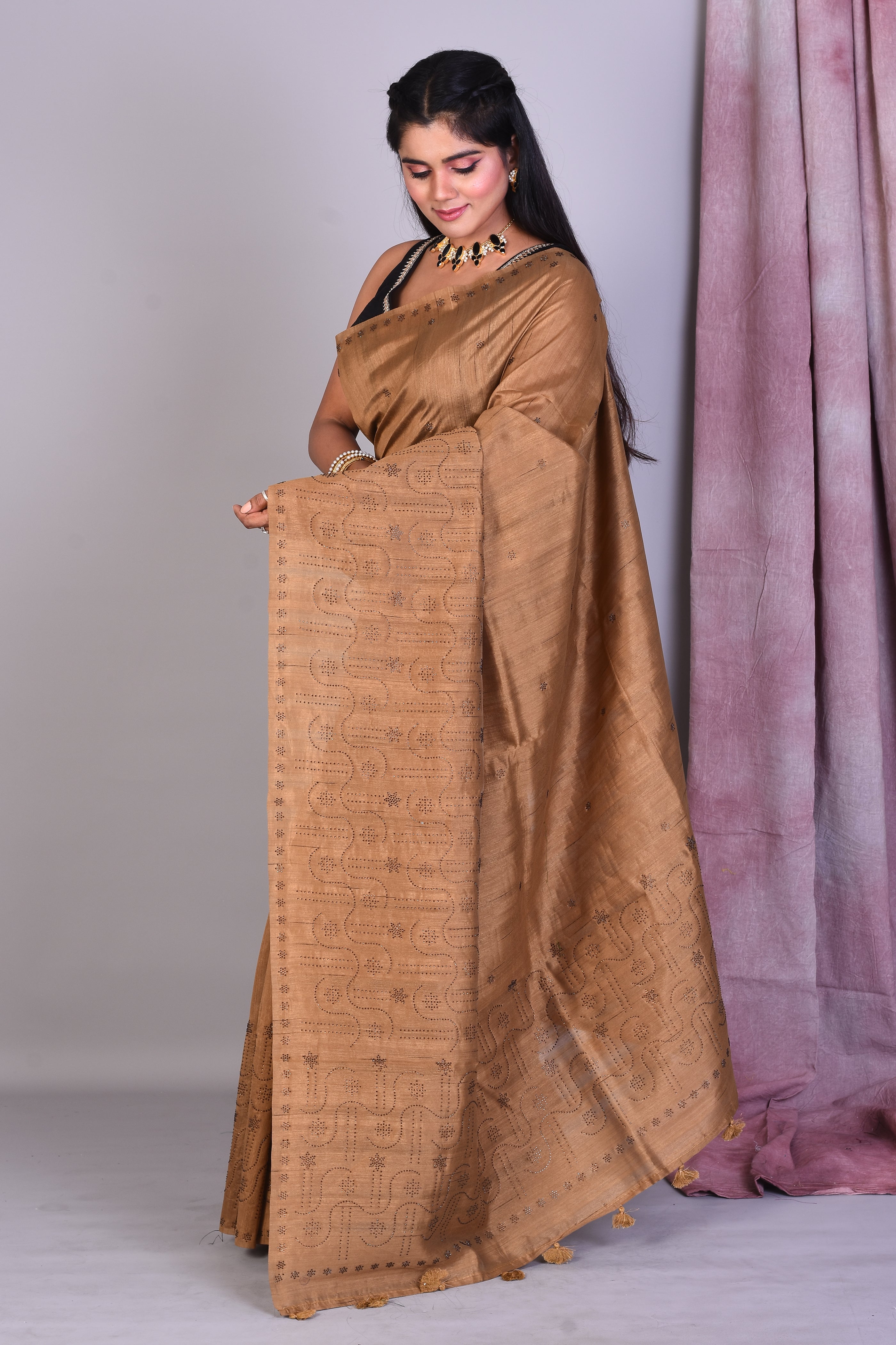 Beige Blended Art Silk Saree with Sequence Work - Keya Seth Exclusive