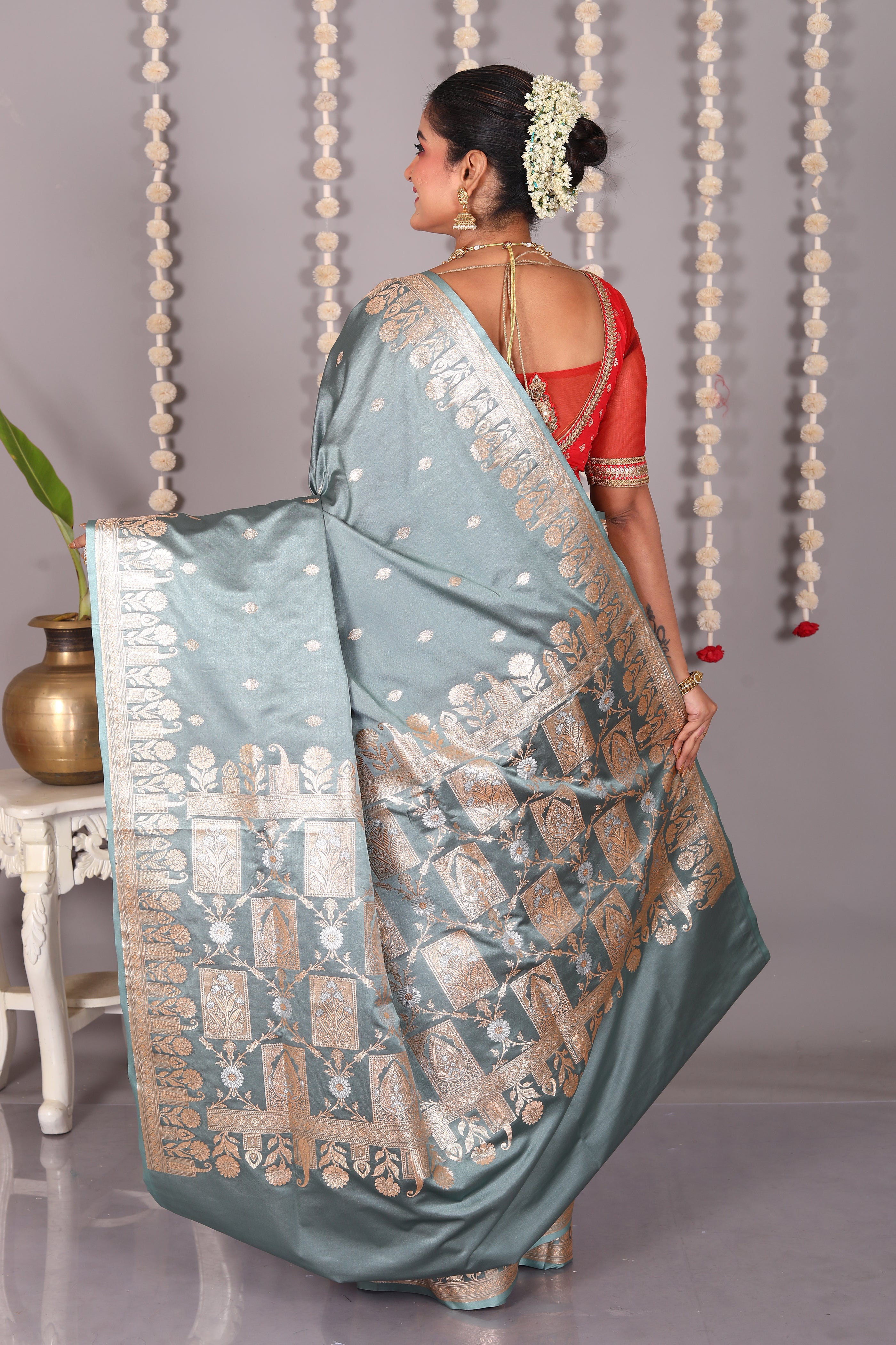 Grey Blended Mashru Katan Banarasi Silk Saree - Keya Seth Exclusive