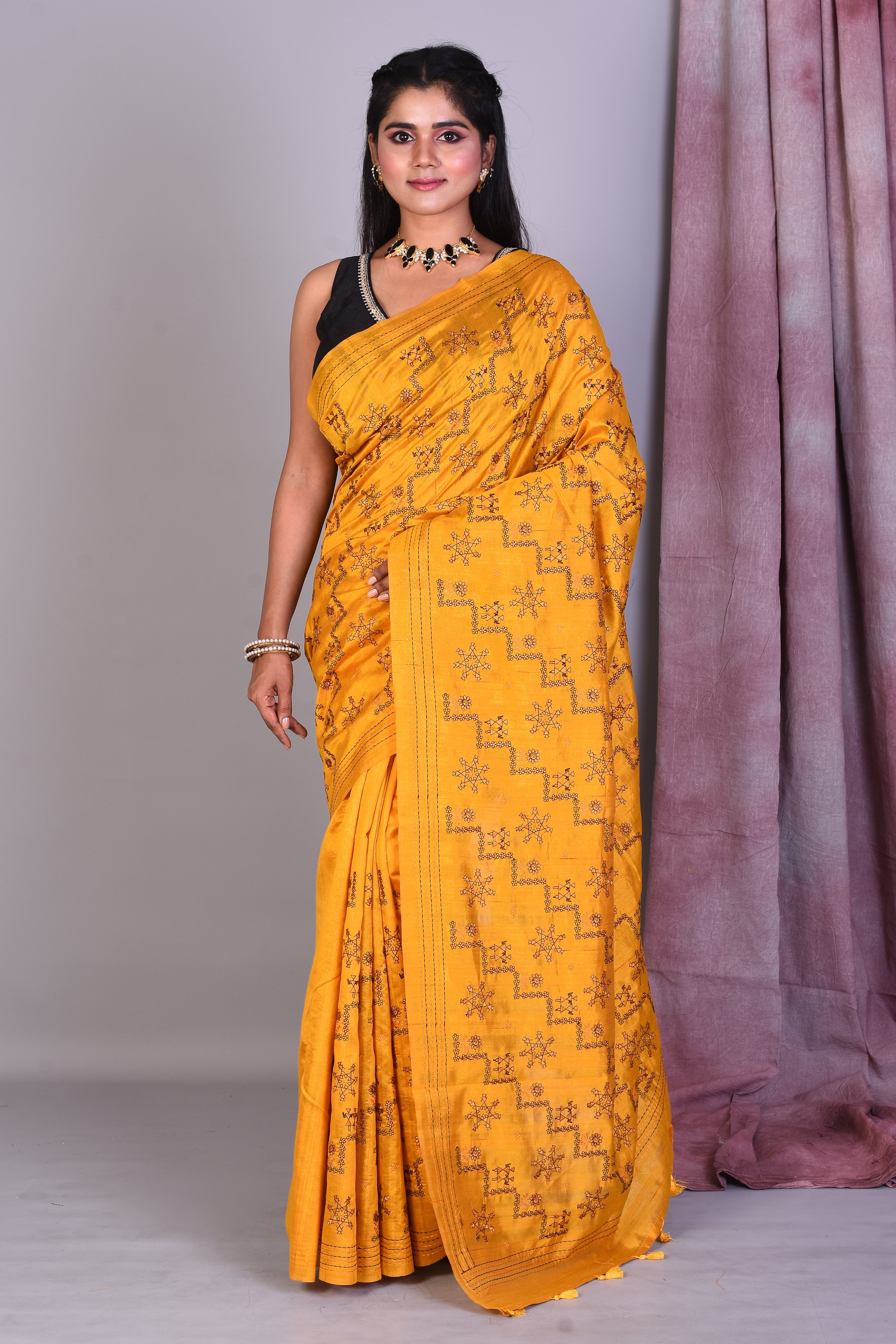 Yellow Blended Silk Saree with Threadwork - Keya Seth Exclusive