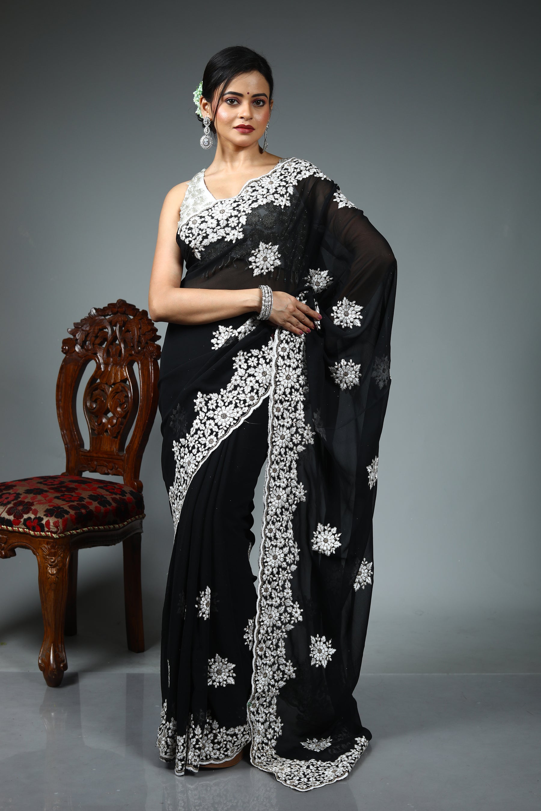 Black Blended Georgette Saree