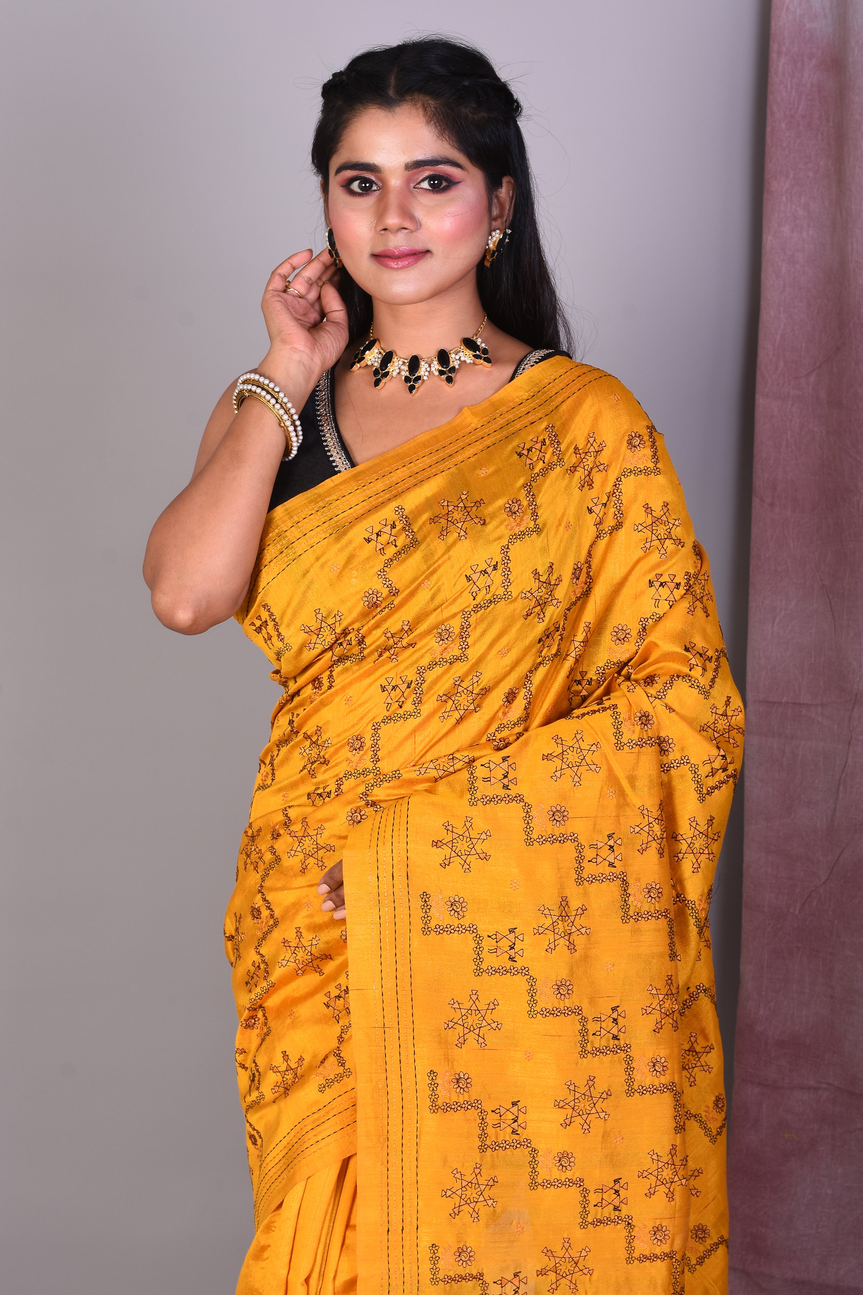 Yellow Blended Silk Saree with Threadwork - Keya Seth Exclusive