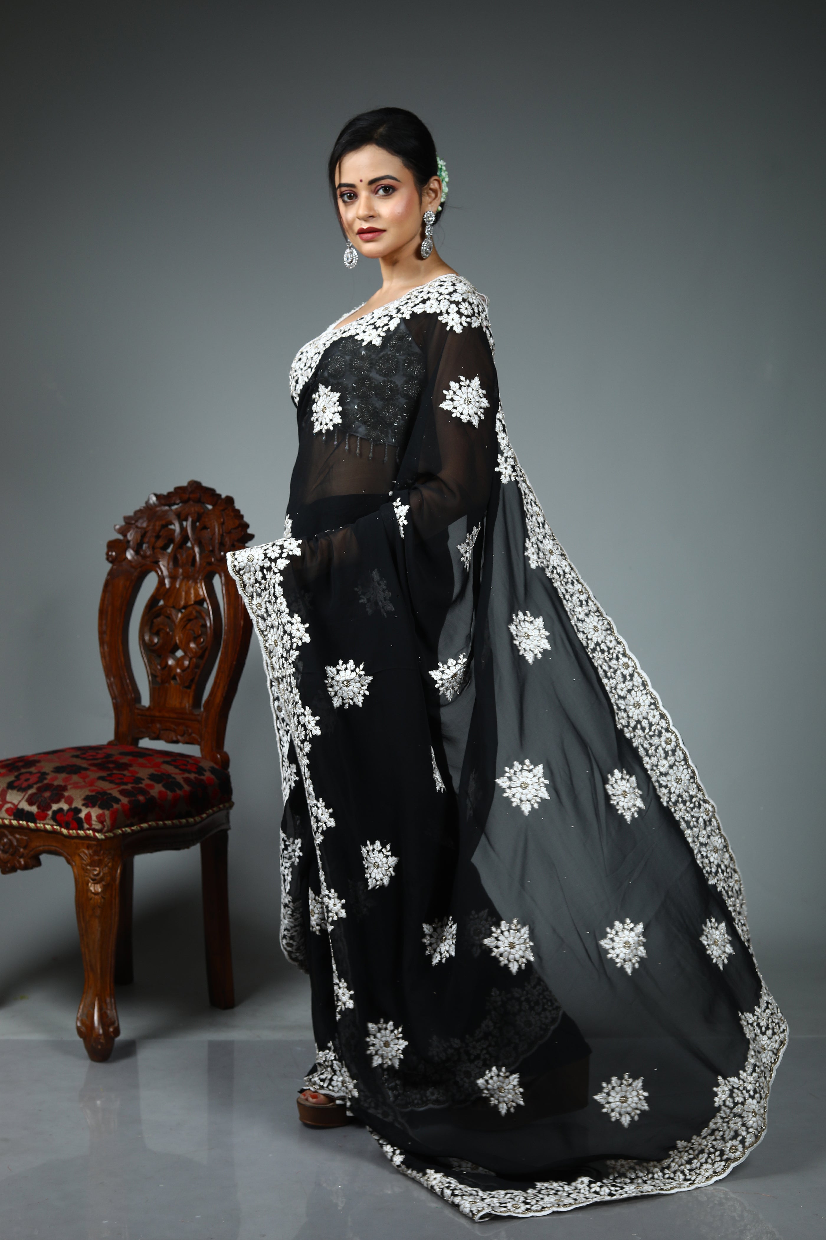 Black Blended Georgette Saree
