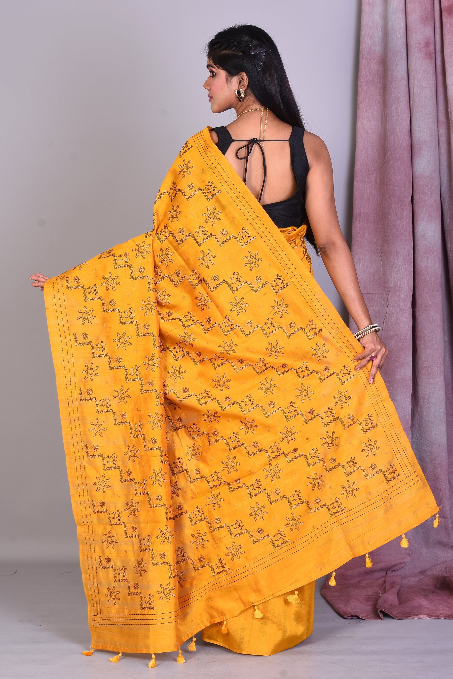 Yellow Blended Silk Saree with Threadwork - Keya Seth Exclusive