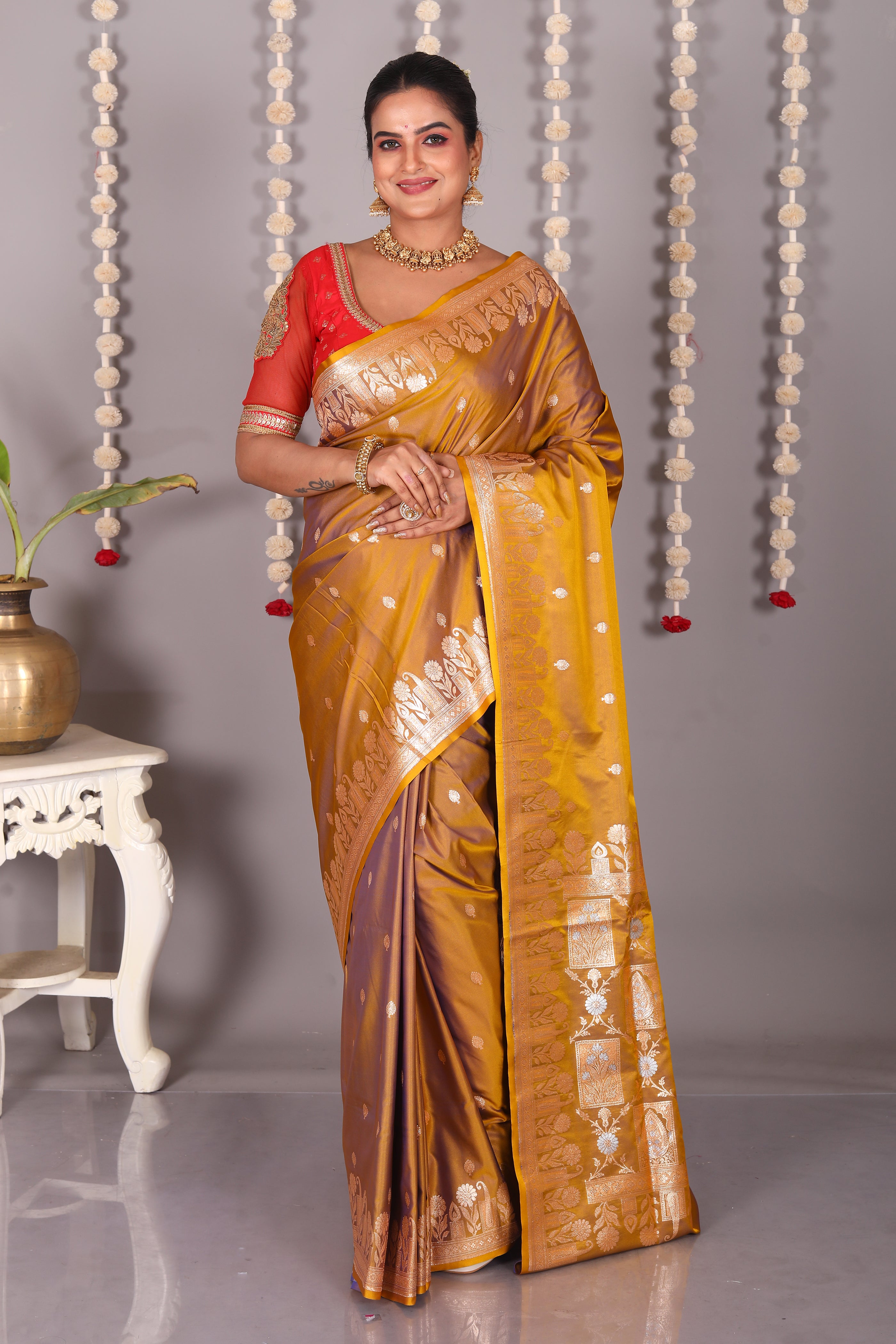 Brown Blended Mashru Katan Banarasi Silk Saree - Keya Seth Exclusive