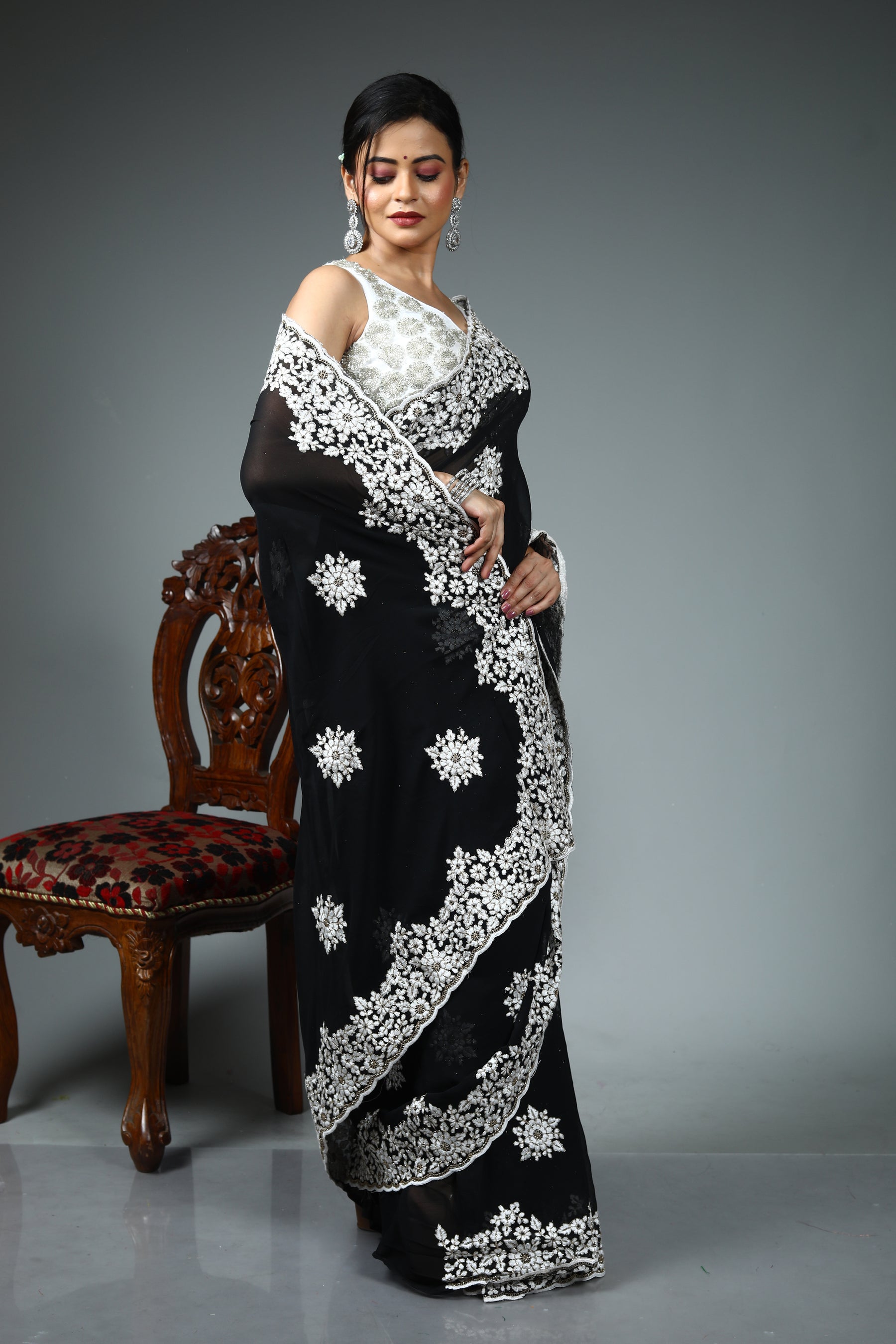 Black Blended Georgette Saree