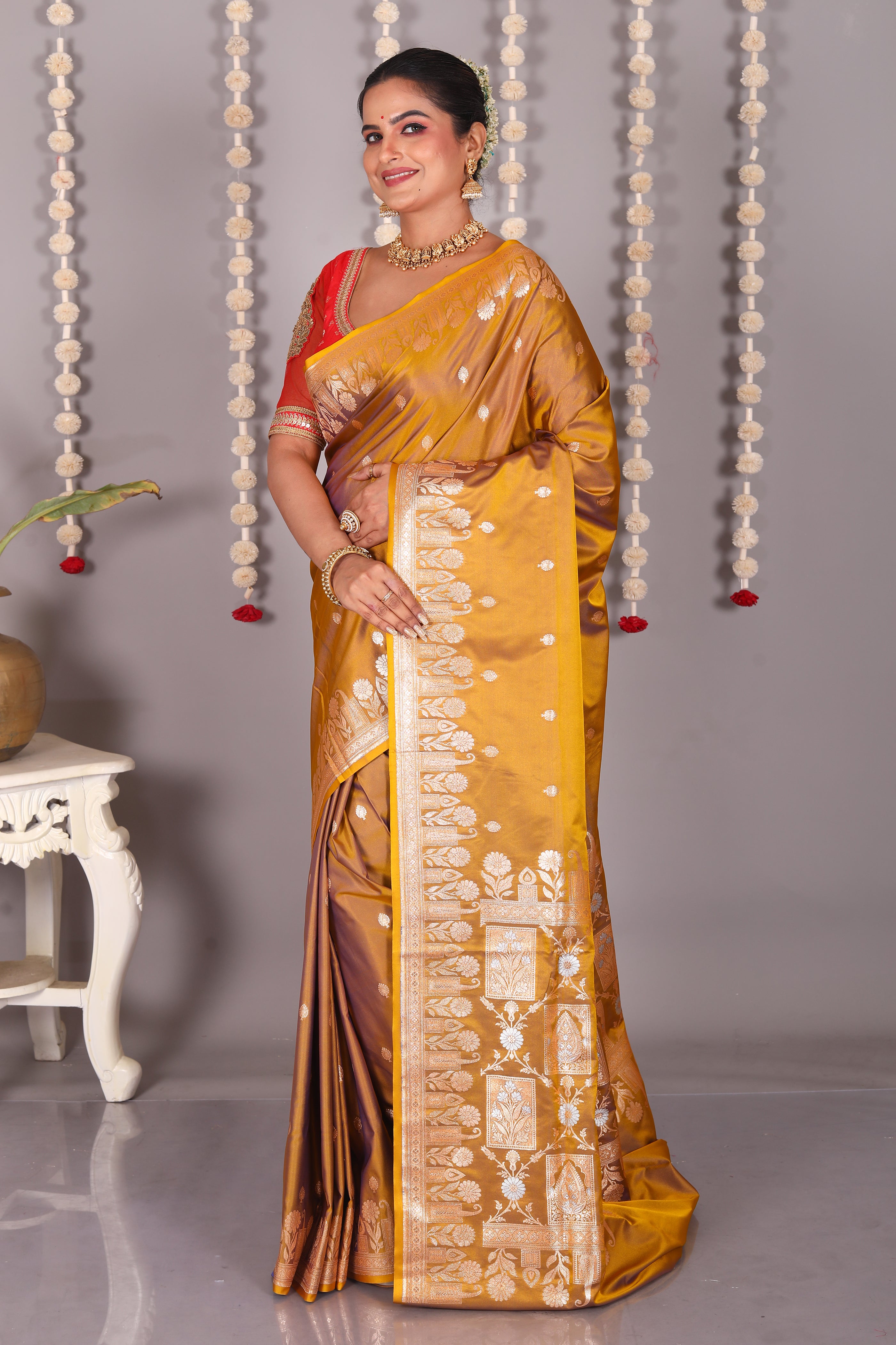 Brown Blended Mashru Katan Banarasi Silk Saree - Keya Seth Exclusive