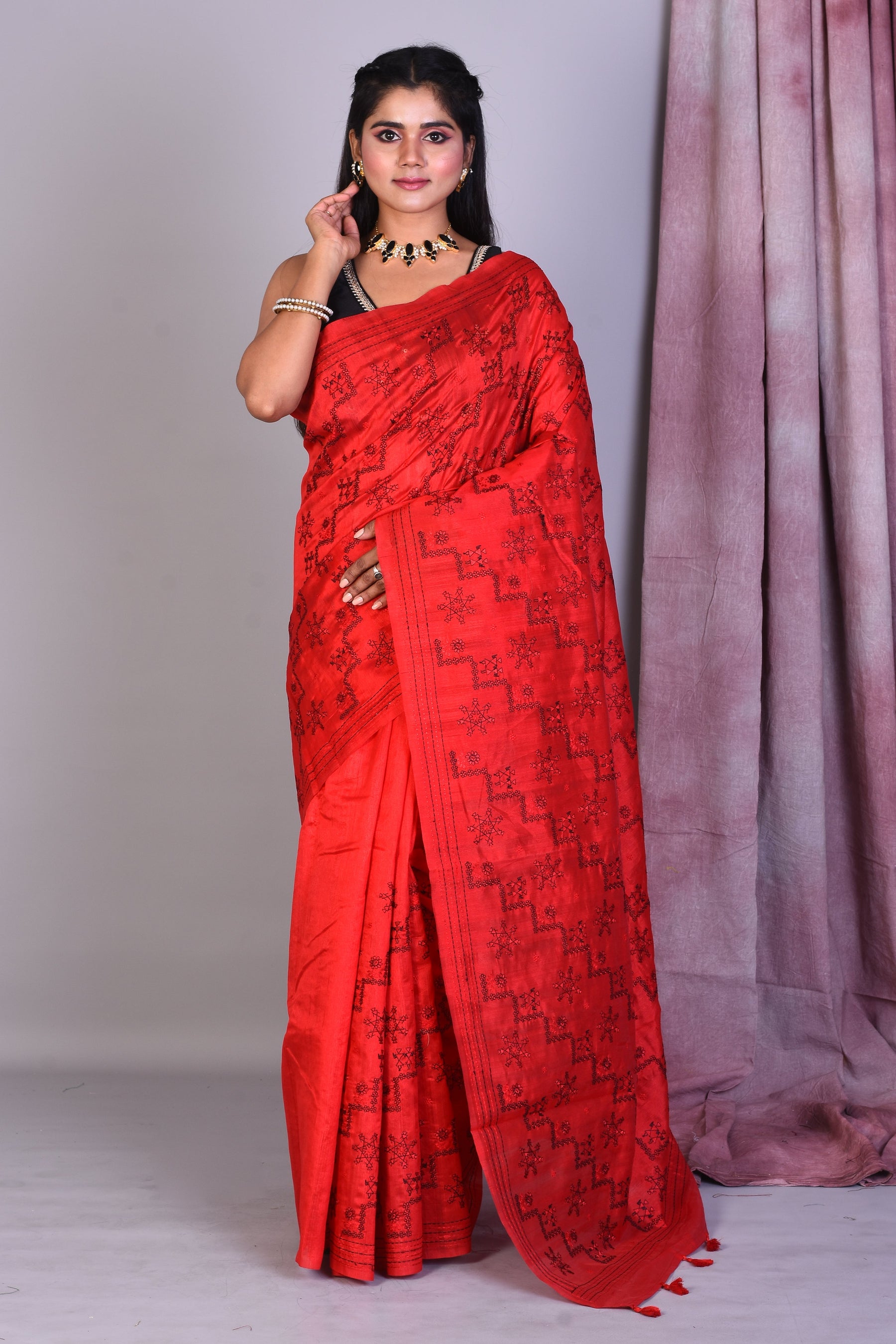 Red Blended Silk Saree with Threadwork - Keya Seth Exclusive