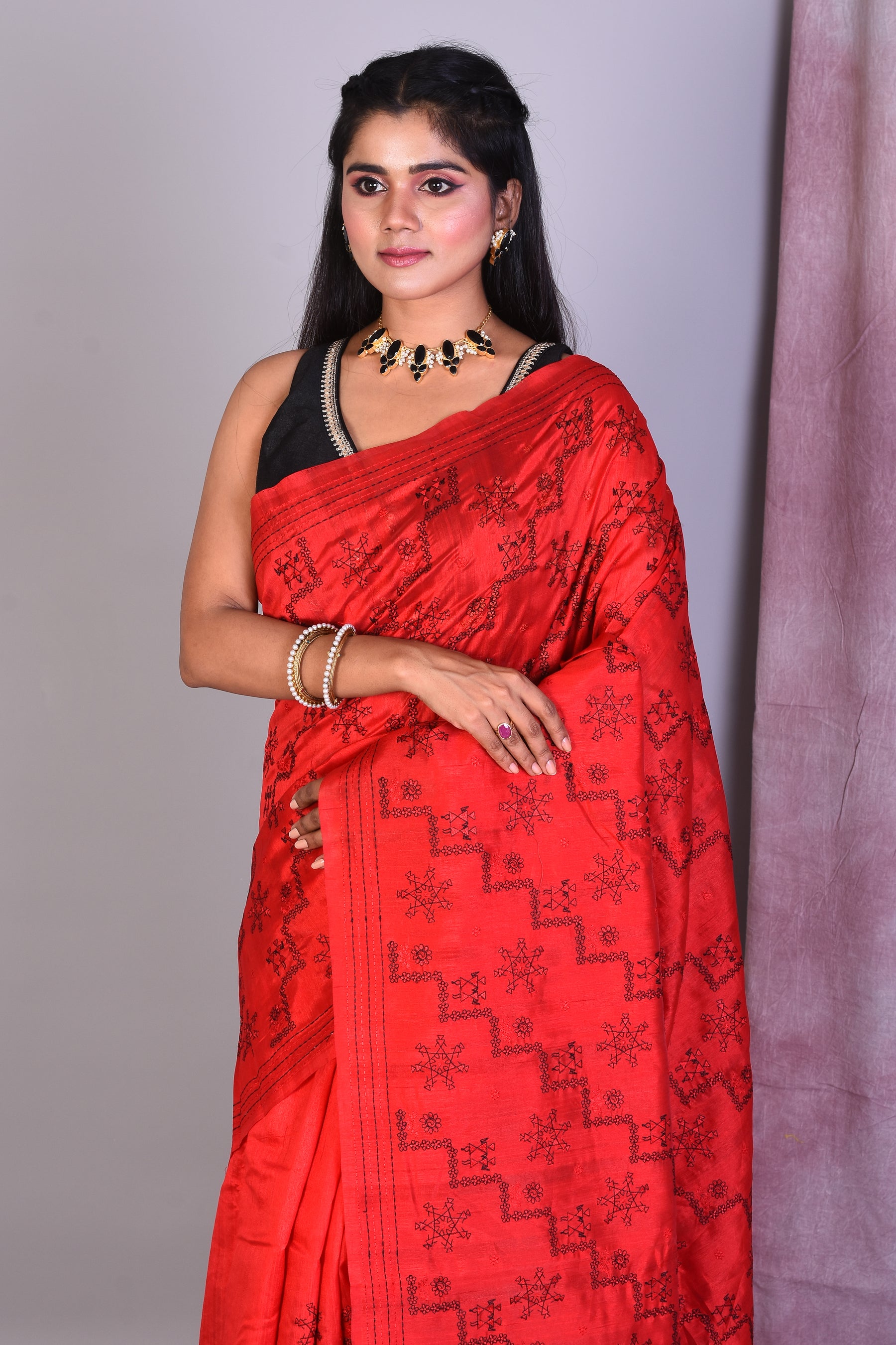 Red Blended Silk Saree with Threadwork - Keya Seth Exclusive