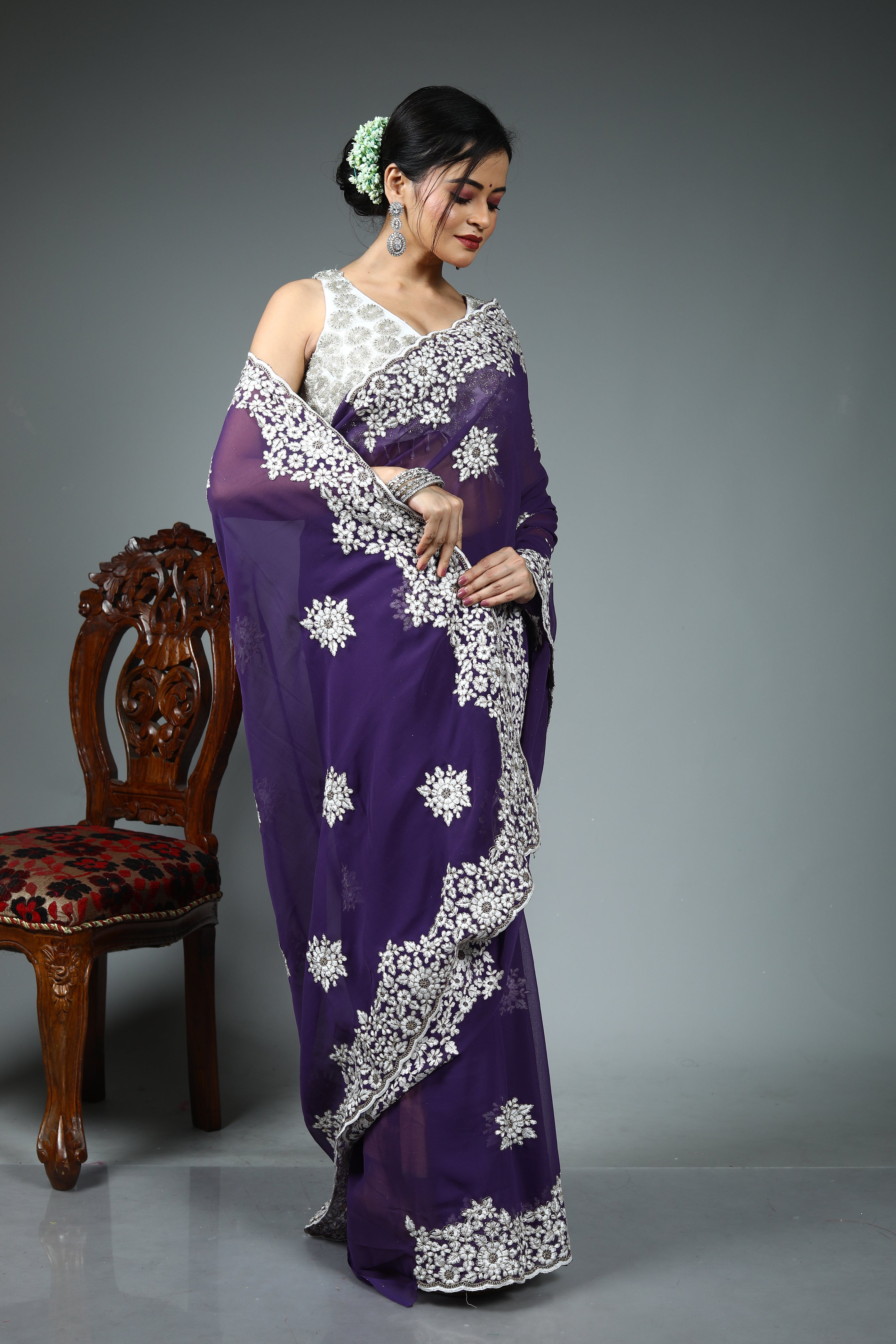 Purple Blended Georgette Saree