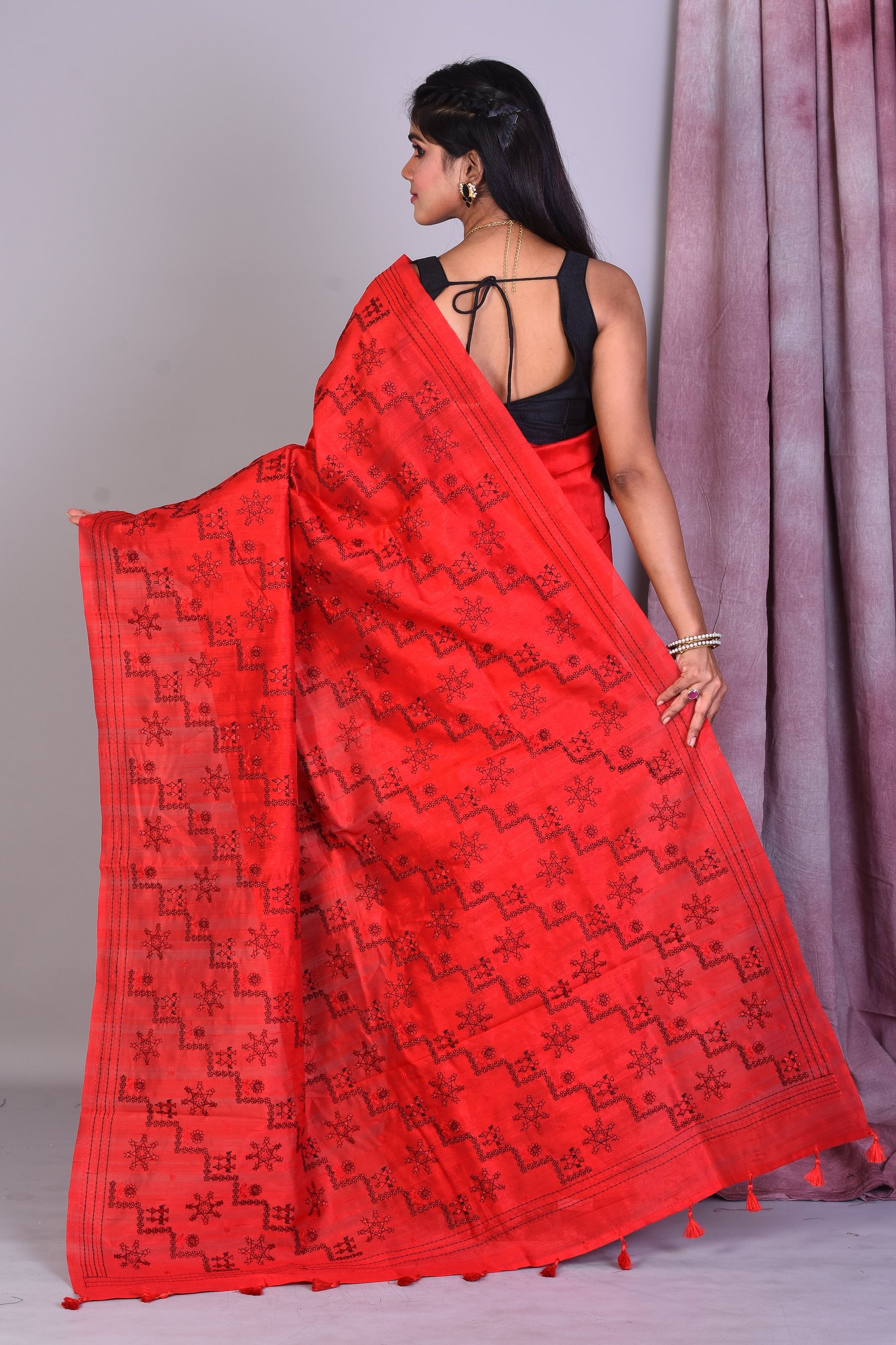 Red Blended Silk Saree with Threadwork - Keya Seth Exclusive