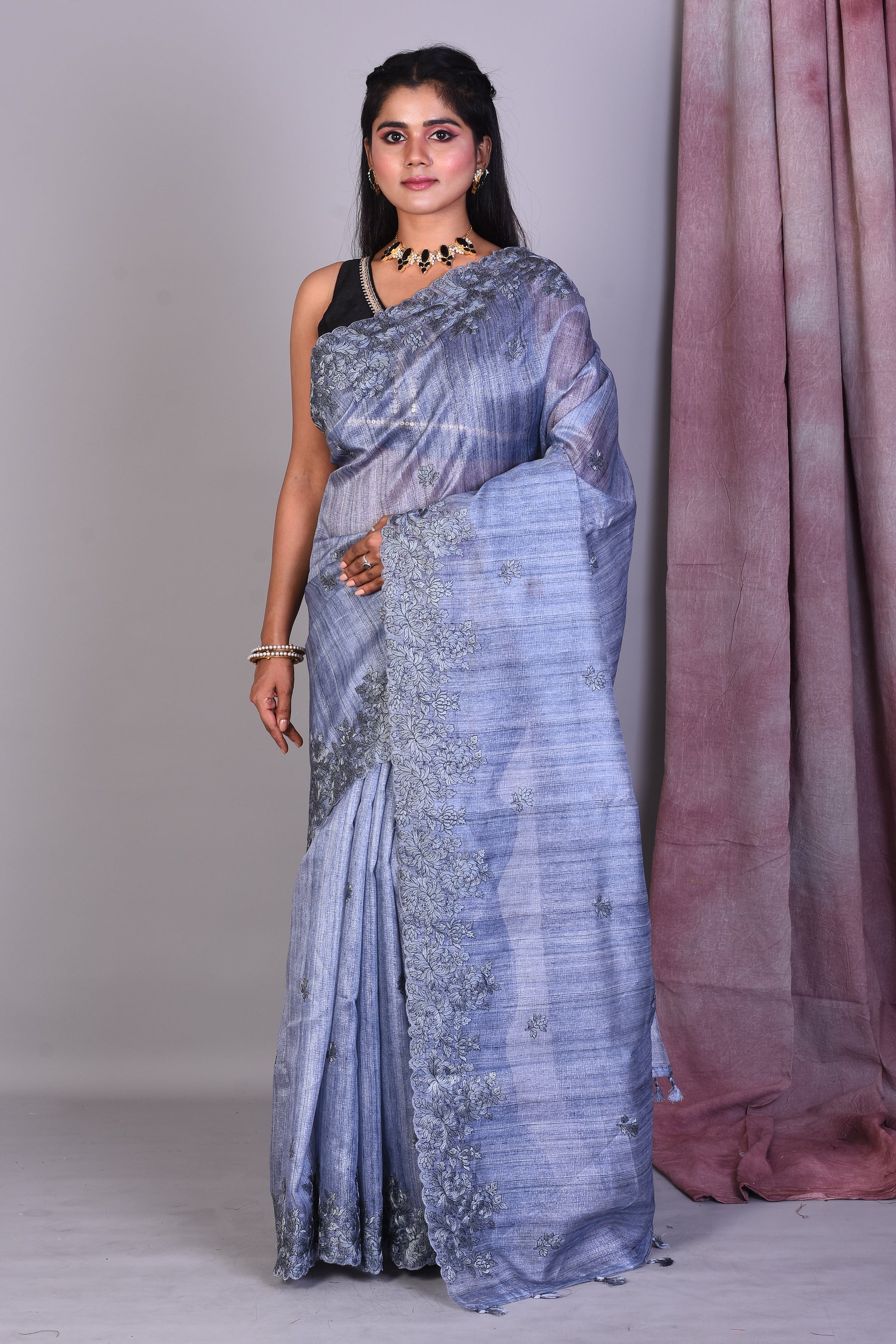 Grey Blended Tussar Saree with Threadworks - Keya Seth Exclusive