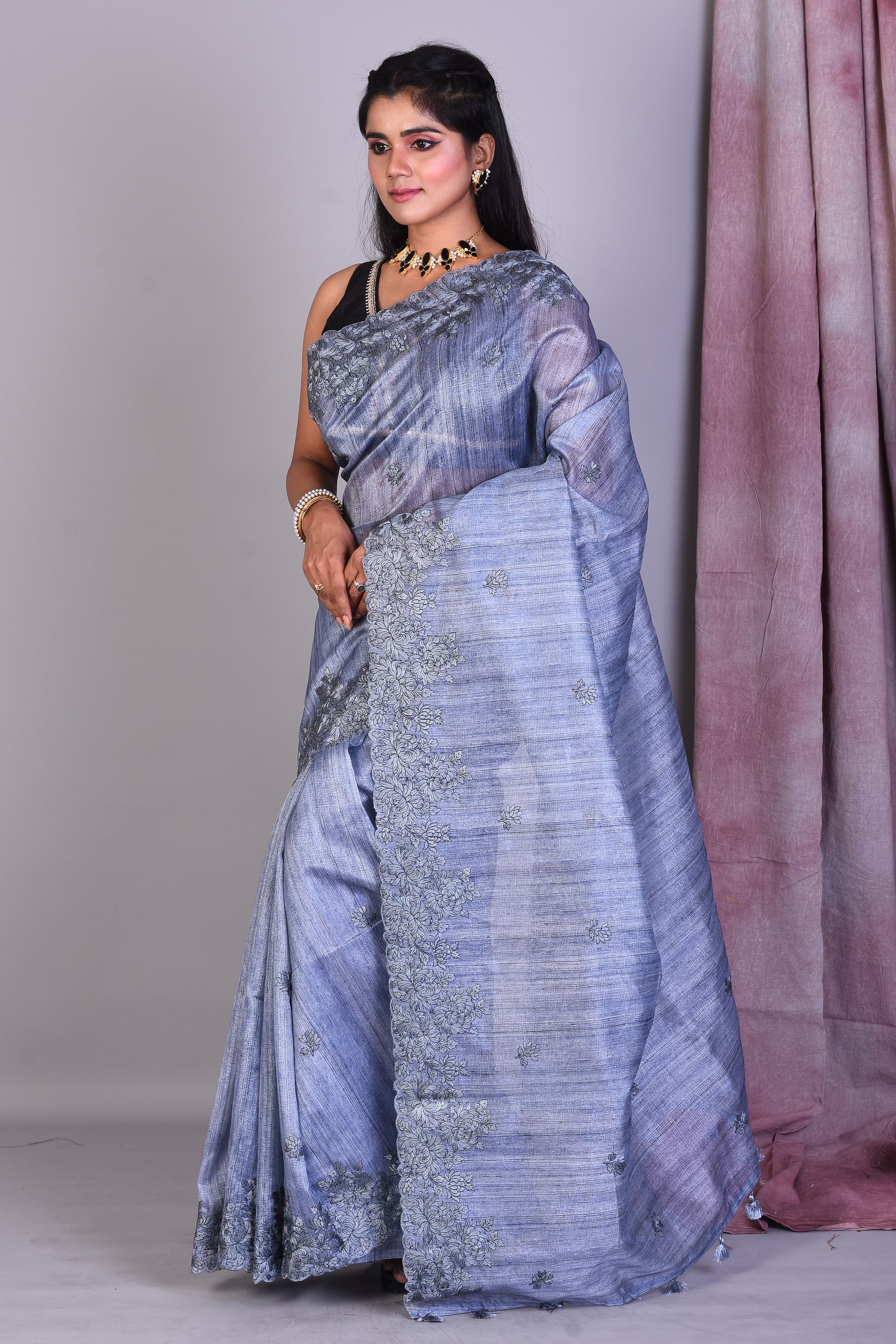 Grey Blended Tussar Saree with Threadworks - Keya Seth Exclusive