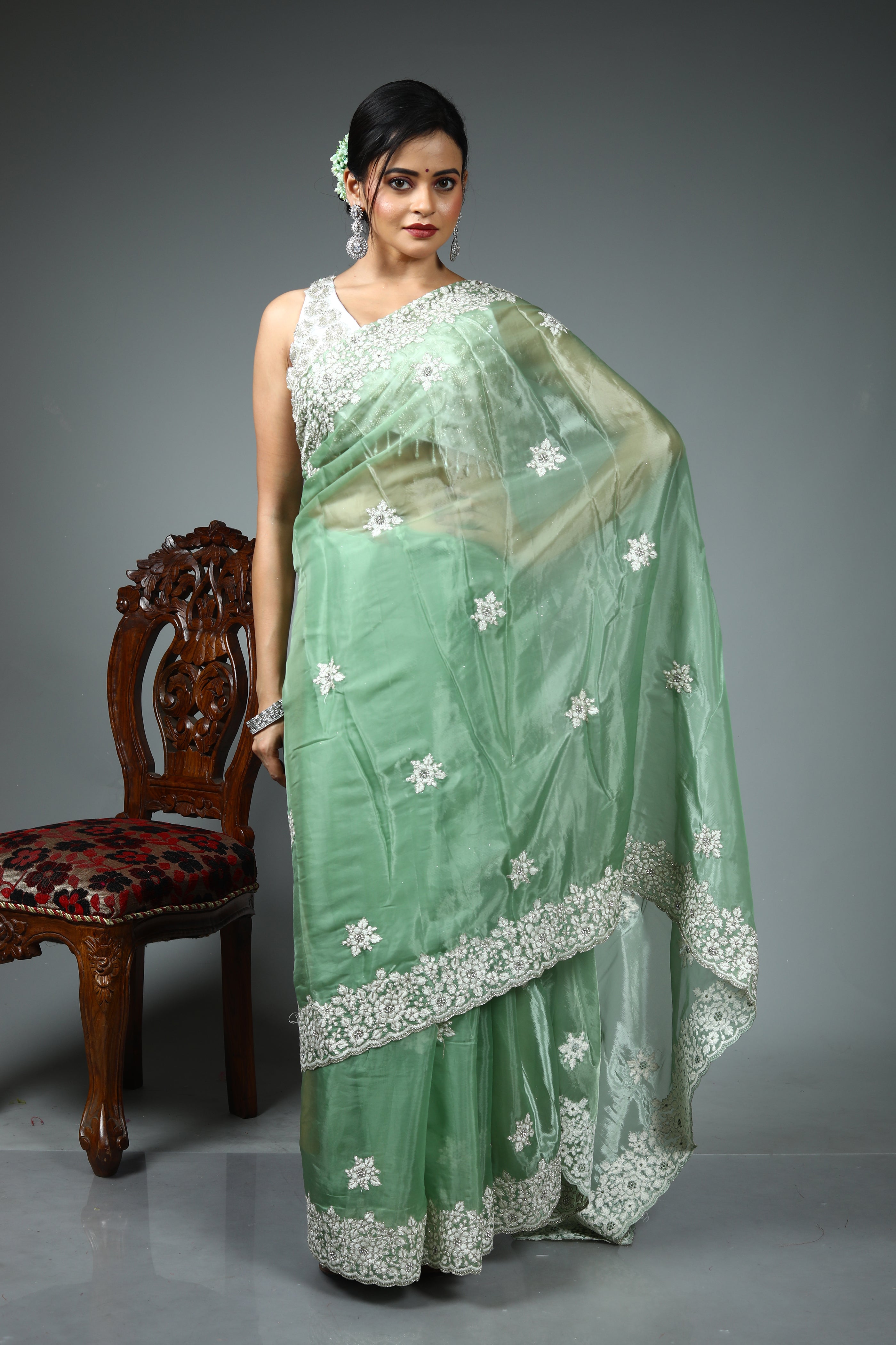 Light Green Blended Jimmy Choo Saree