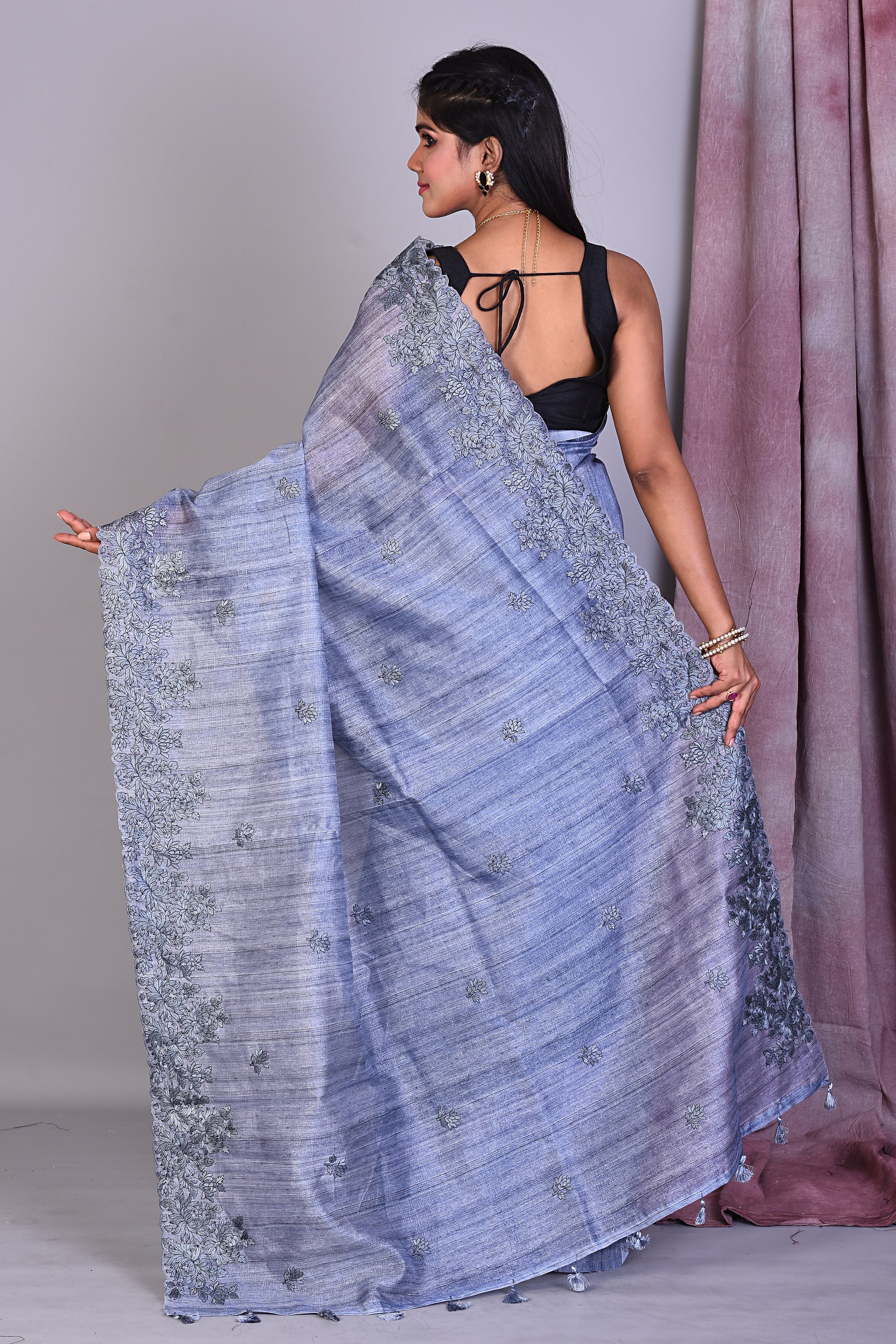 Grey Blended Tussar Saree with Threadworks - Keya Seth Exclusive