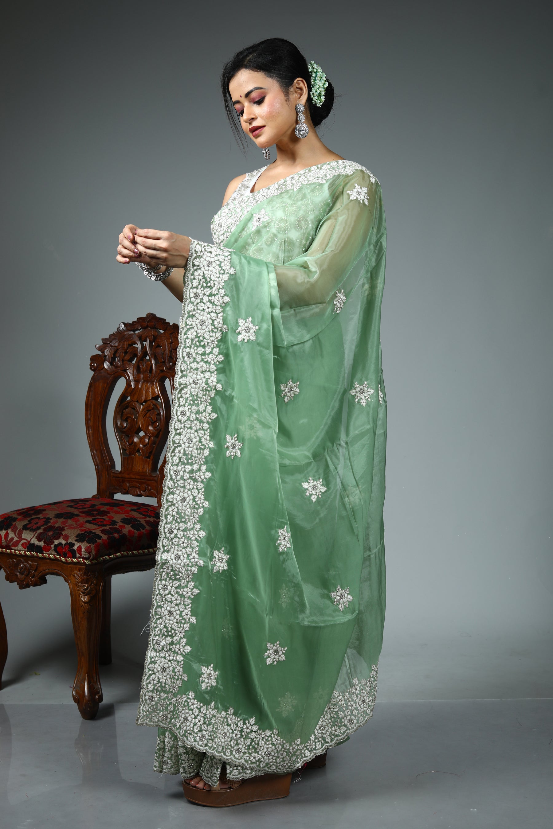 Light Green Blended Jimmy Choo Saree