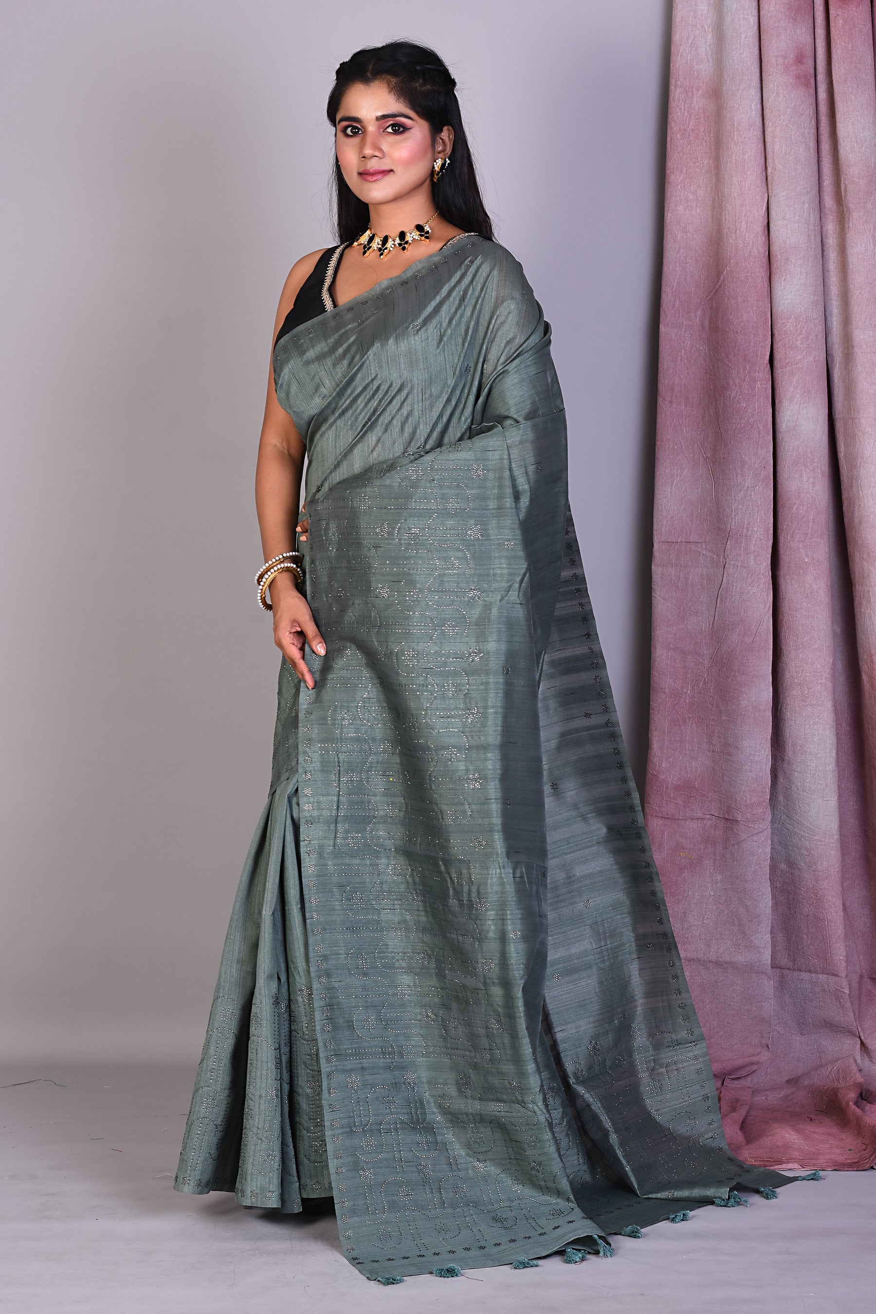 Moss Green Blended Art Silk Saree with Sequence Work - Keya Seth Exclusive