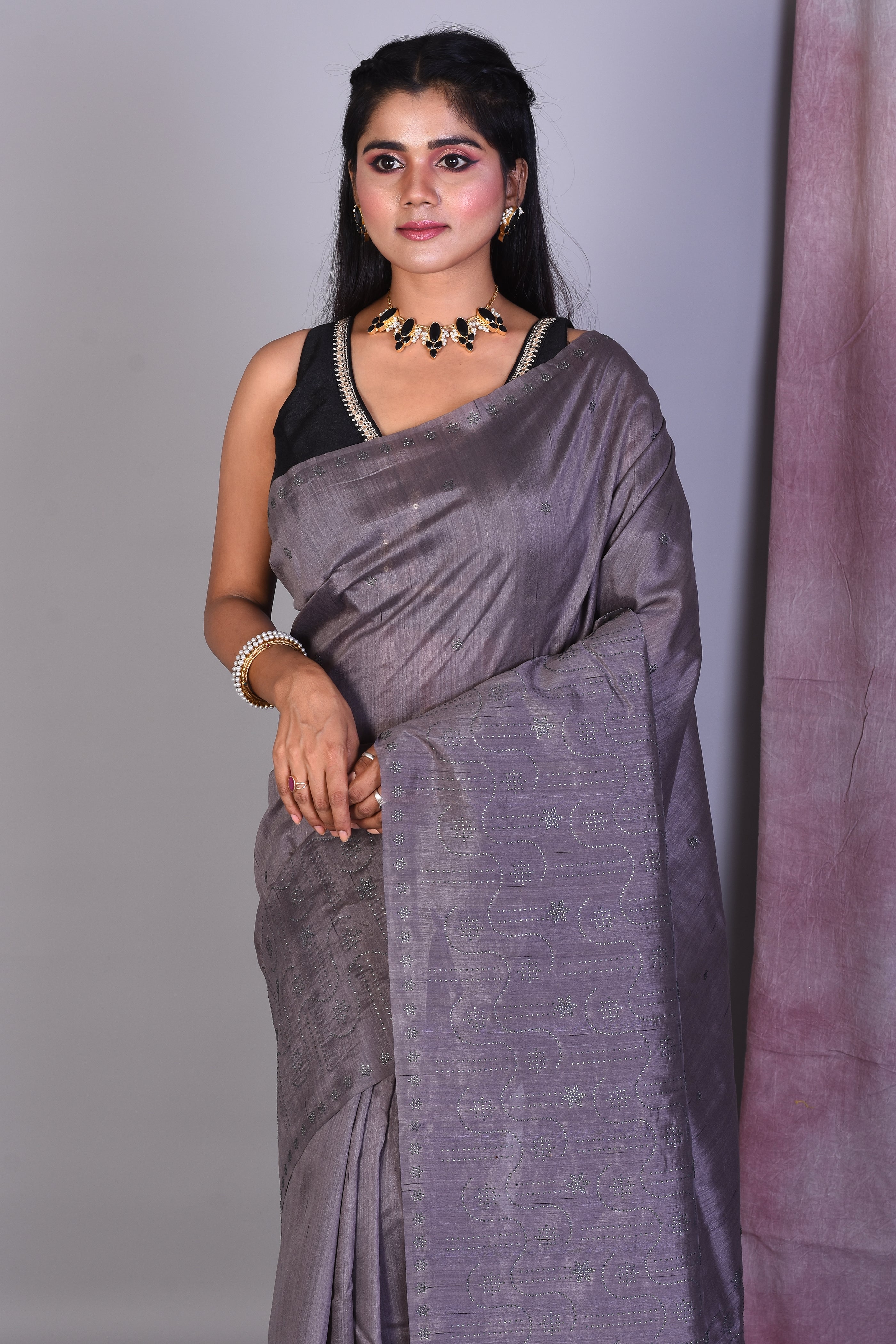 Grey Blended Tussar Saree with Sequence Work - Keya Seth Exclusive