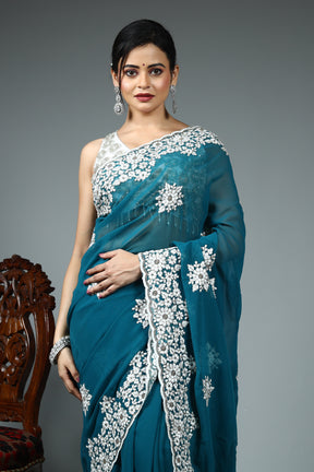 Sea Green Blended Georgette Saree