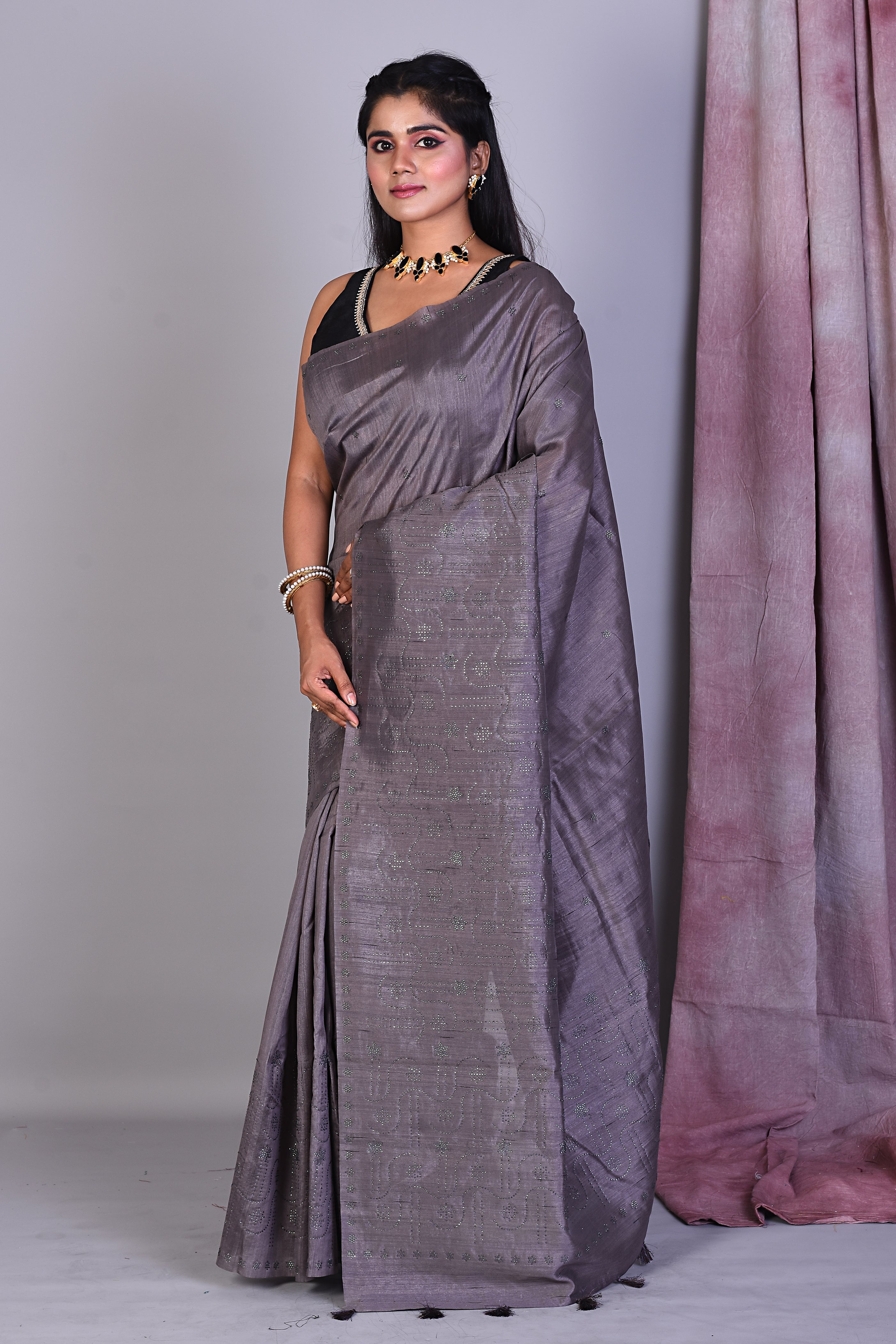 Grey Blended Tussar Saree with Sequence Work - Keya Seth Exclusive