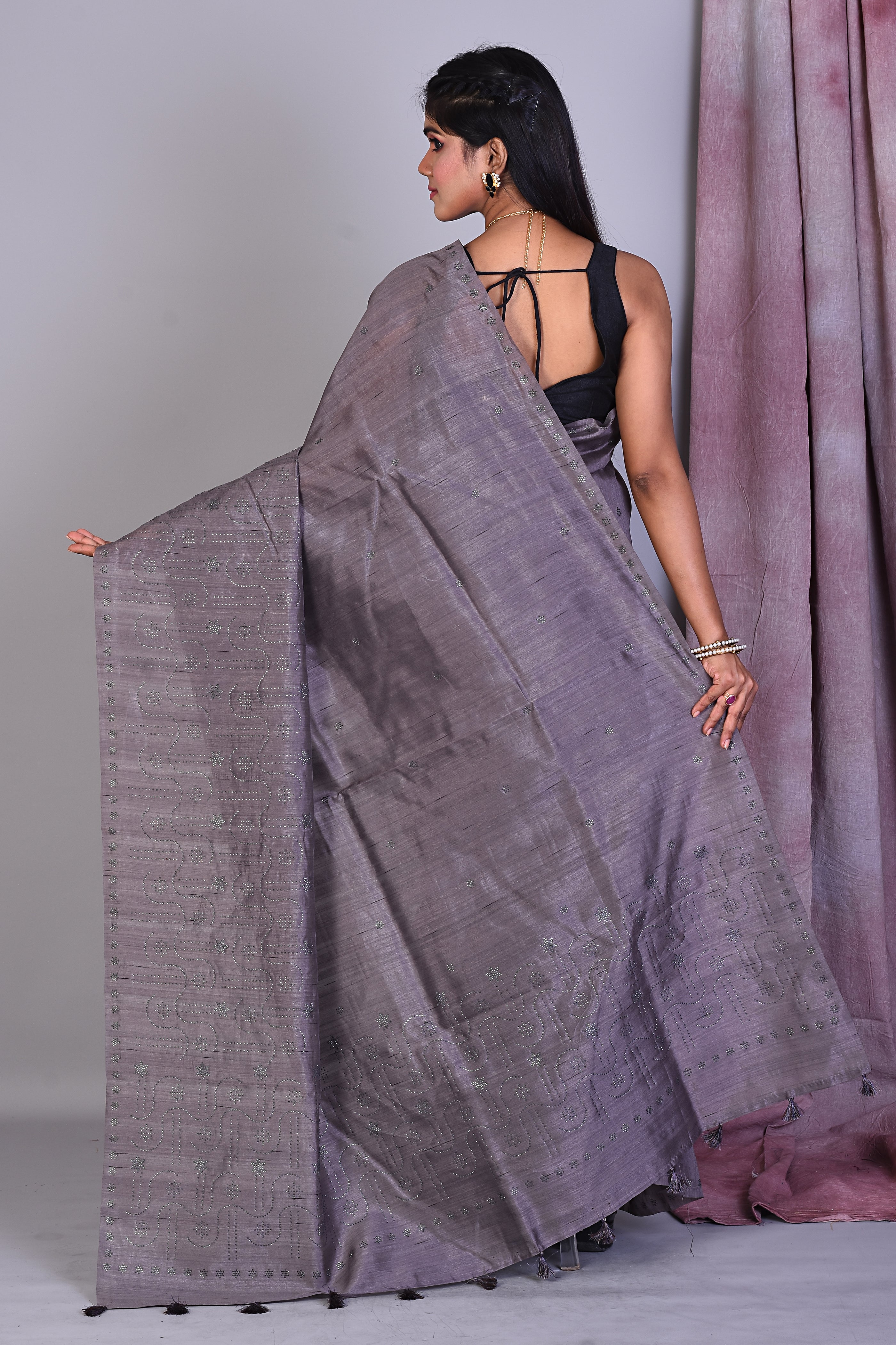 Grey Blended Tussar Saree with Sequence Work - Keya Seth Exclusive