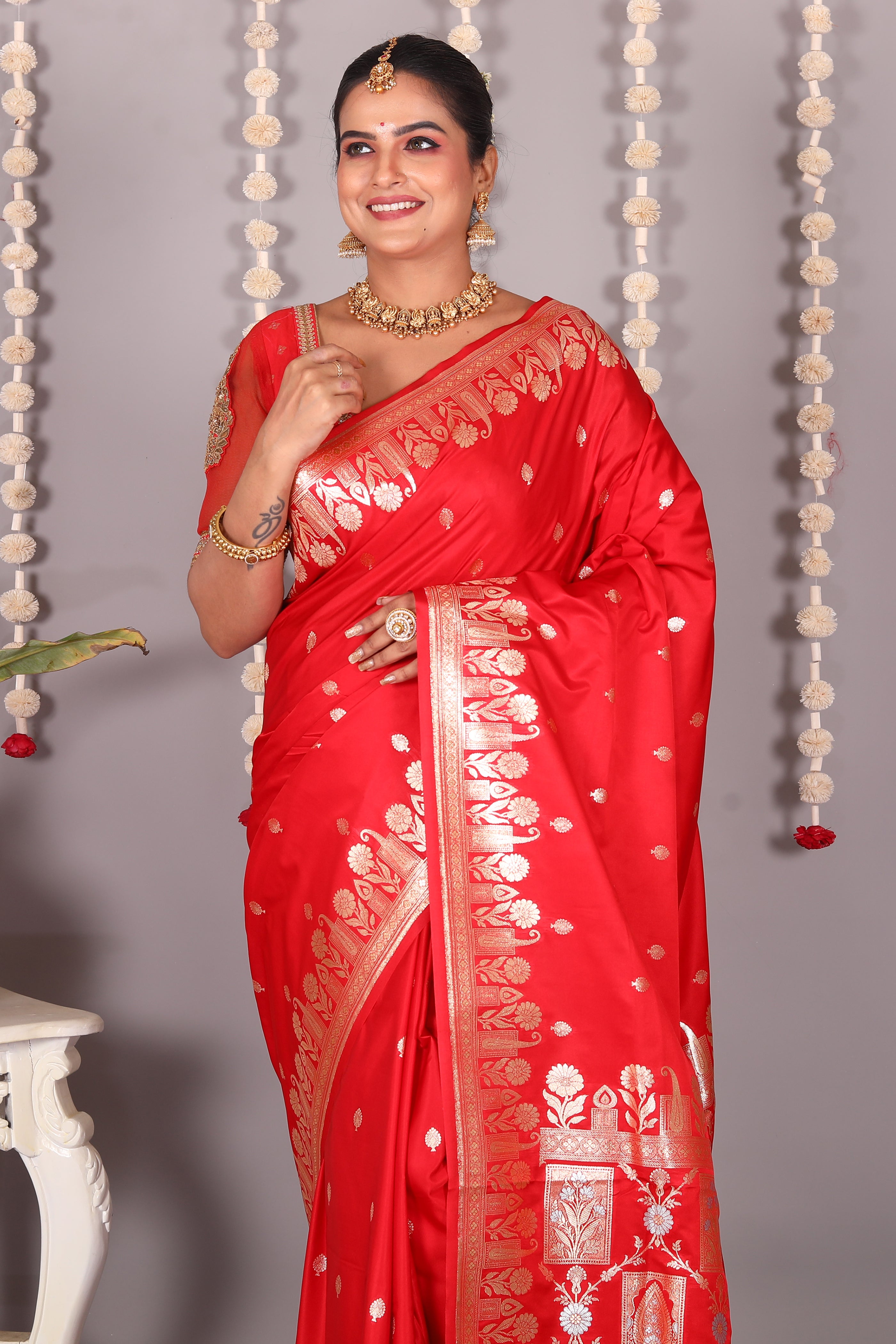 Red Blended Mashru Katan Banarasi Silk Saree - Keya Seth Exclusive