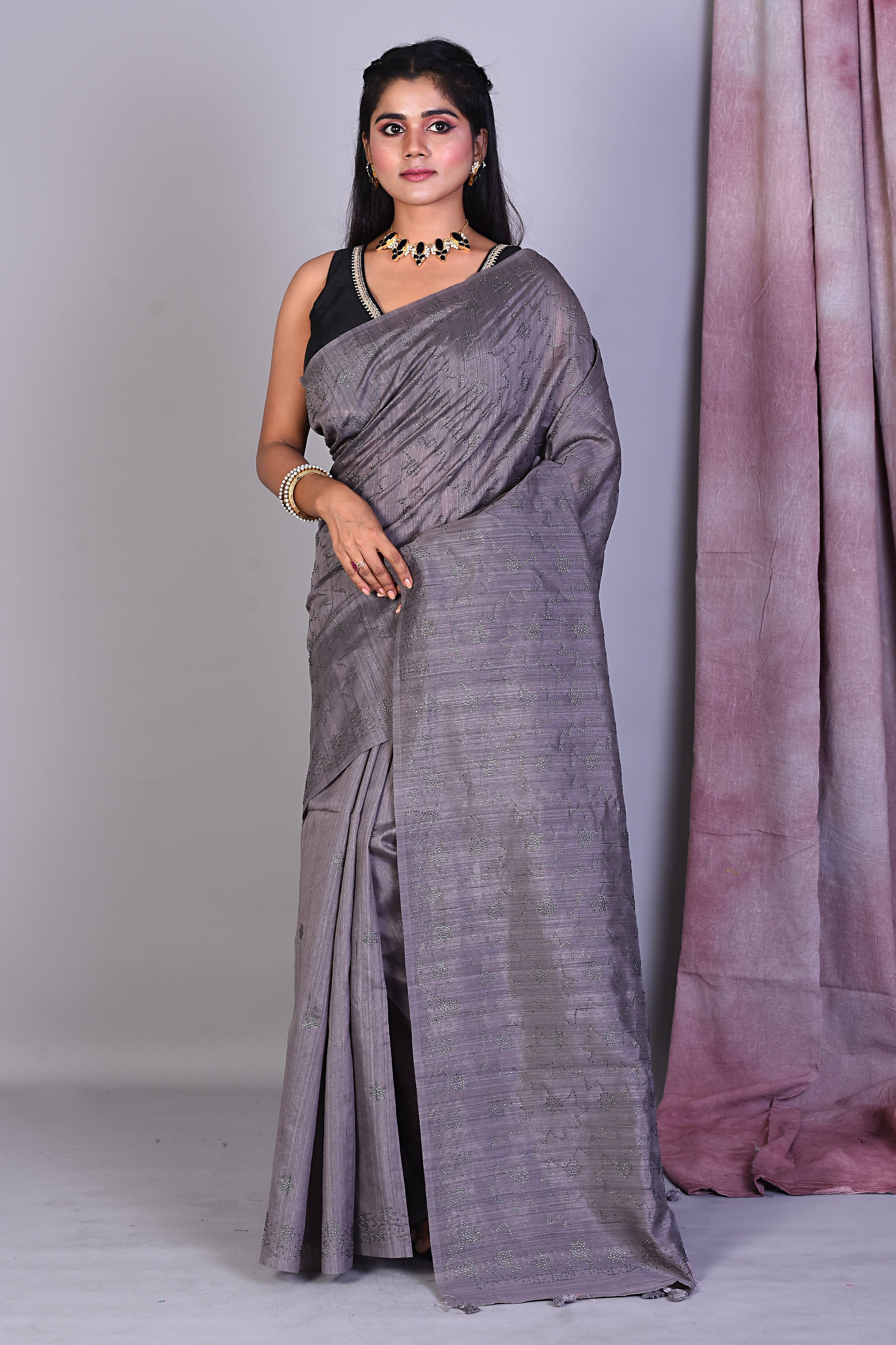 Slate Grey Blended Tussar Saree with Sequence Work - Keya Seth Exclusive