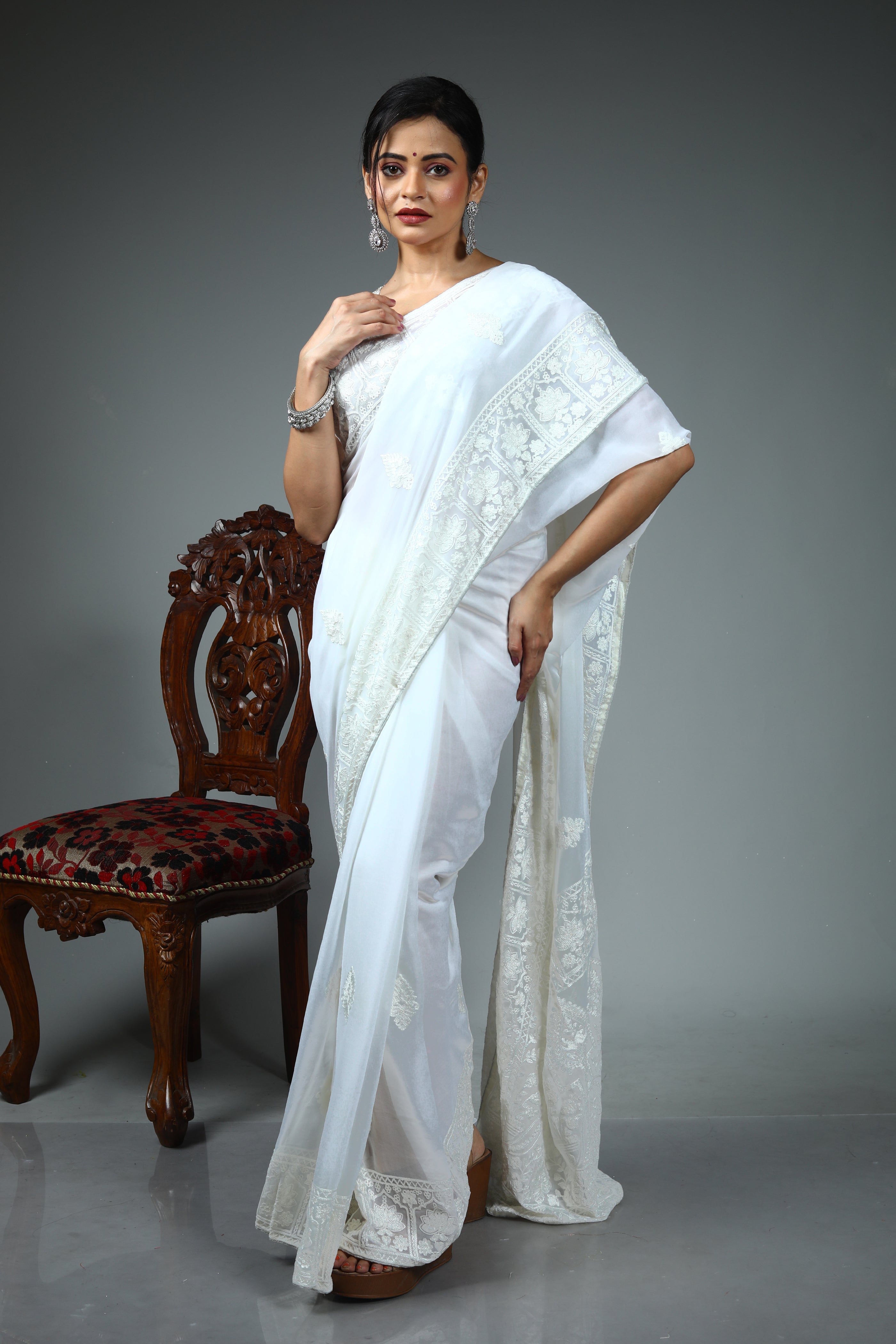 White Blended Chiffon Silk Saree
