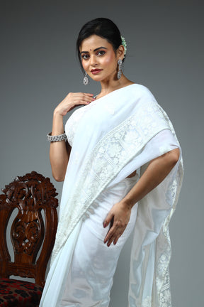 White Blended Chiffon Silk Saree