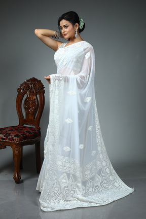 White Blended Chiffon Silk Saree
