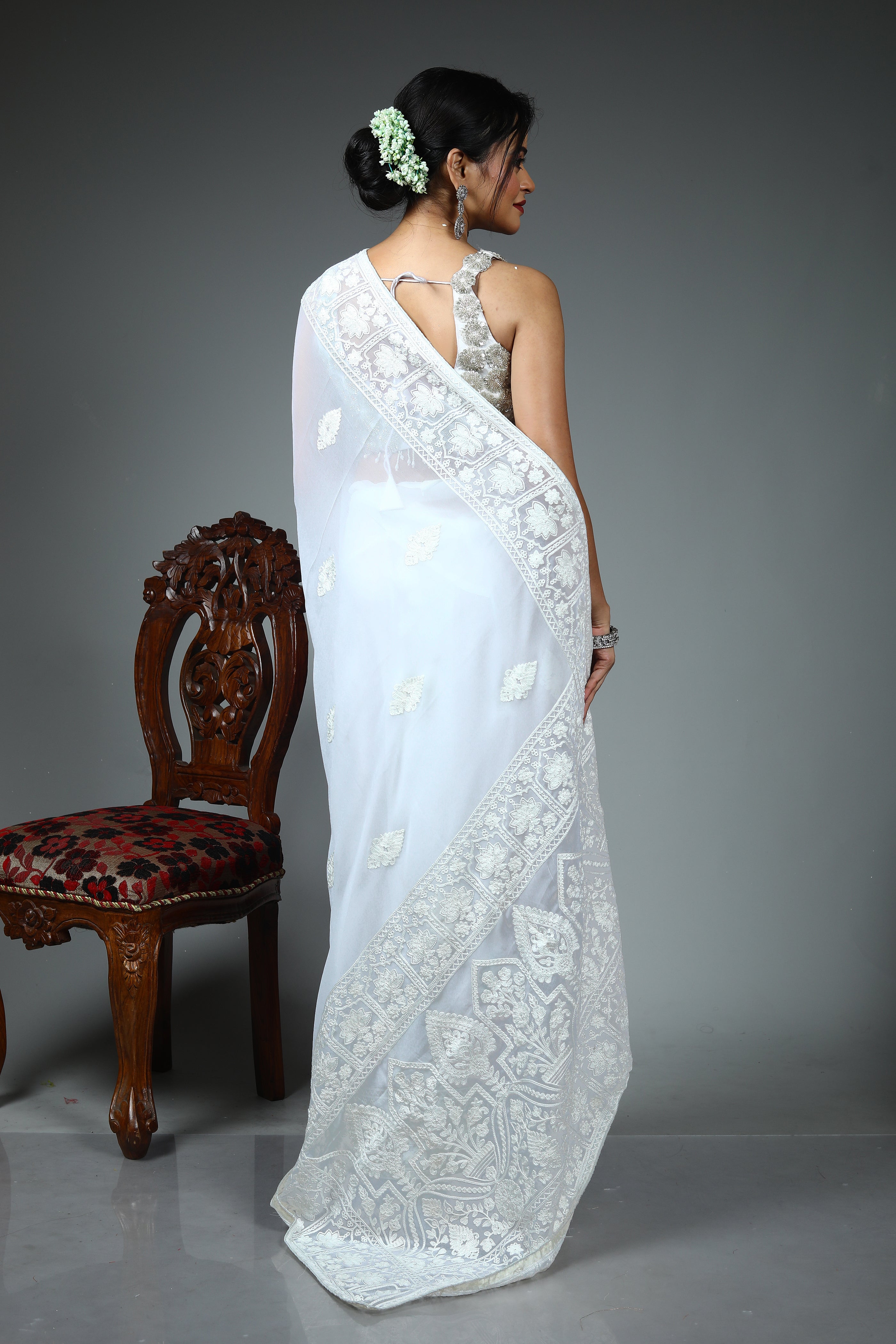 White Blended Chiffon Silk Saree