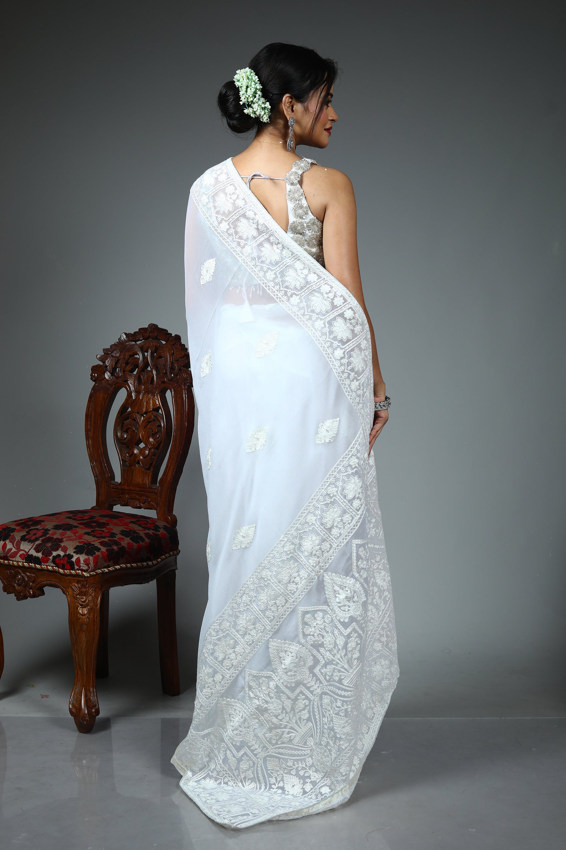 White Blended Chiffon Silk Saree