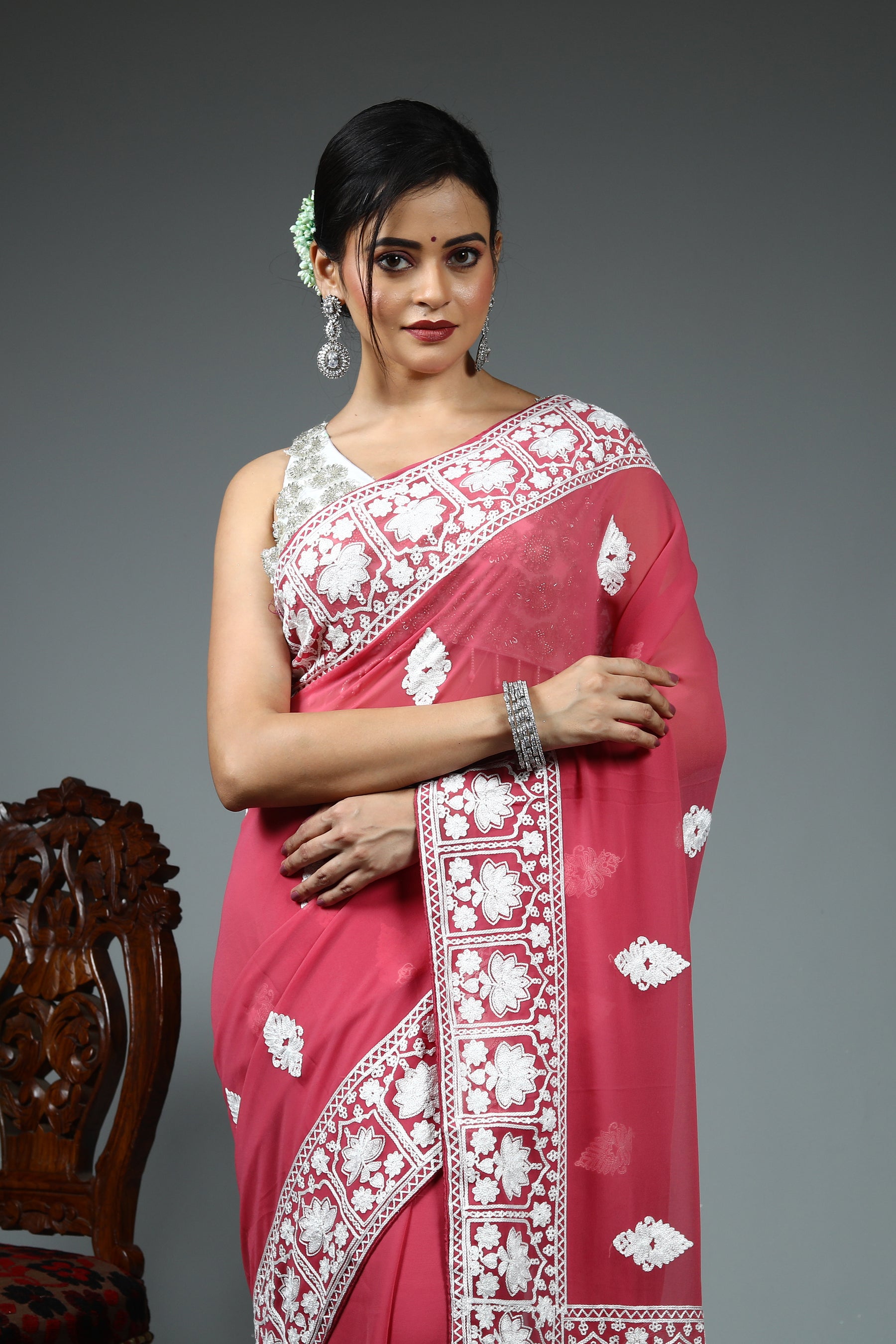 Light Pink Blended Chiffon Silk Saree