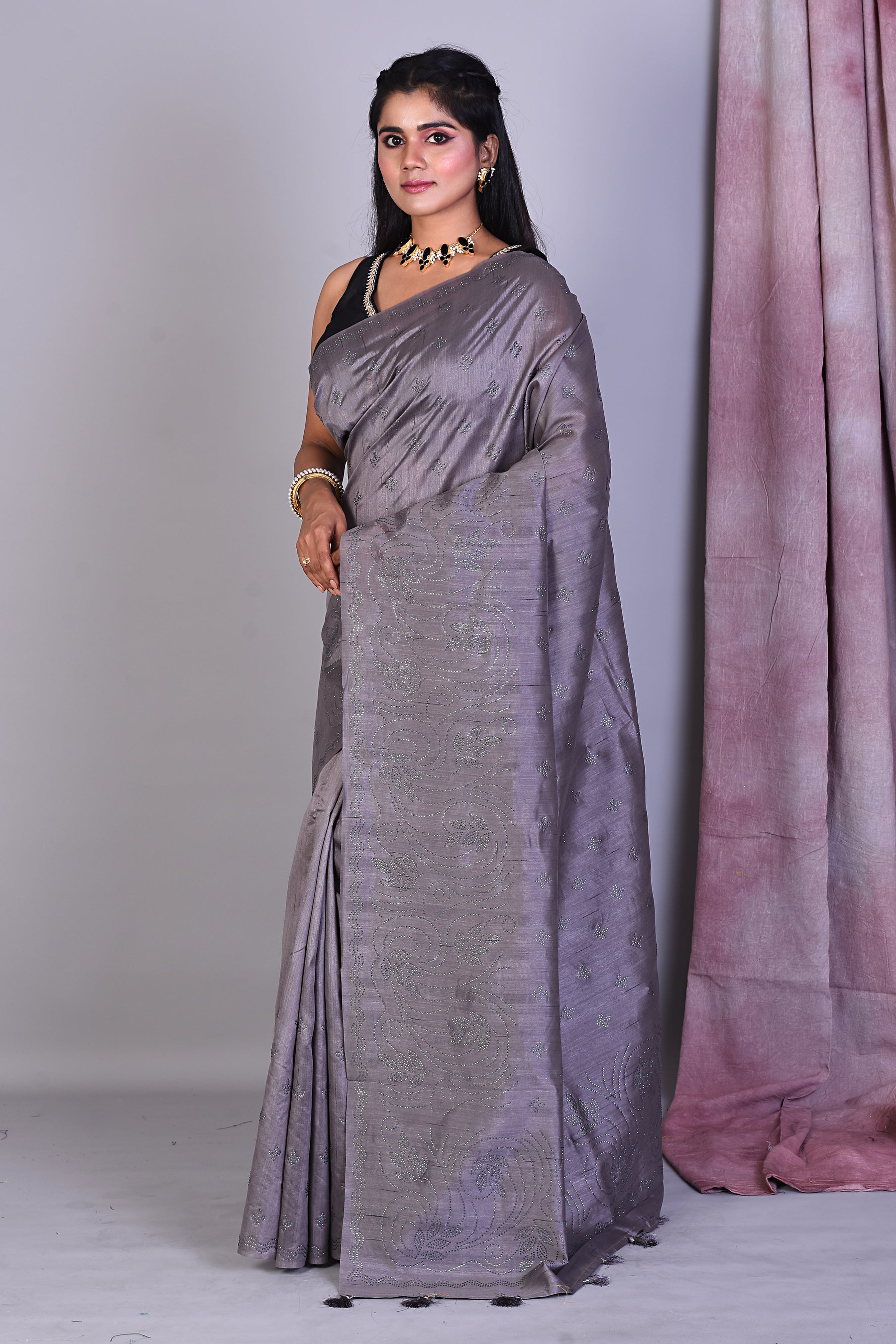 Dark Grey Blended Tussar Saree with Sequence Work - Keya Seth Exclusive