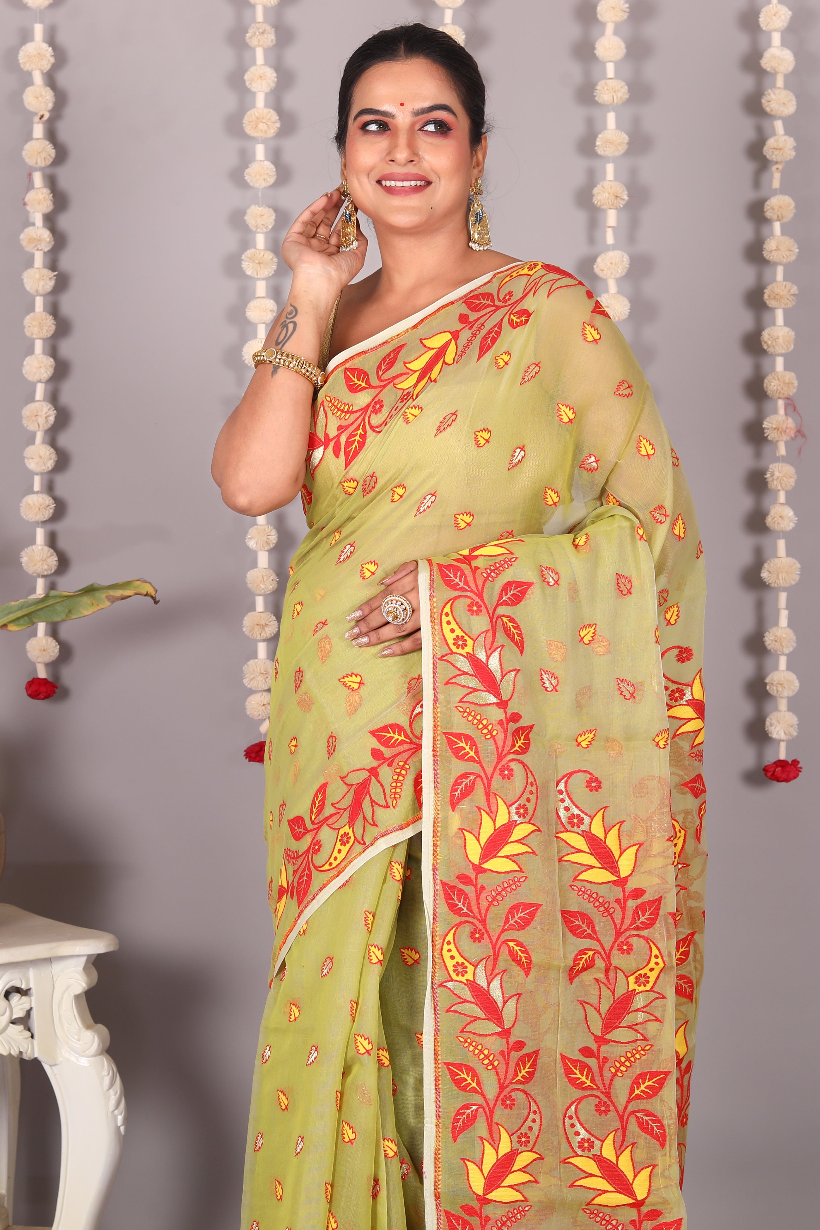 Olive Green Cotton Jamdani Saree - Keya Seth Exclusive