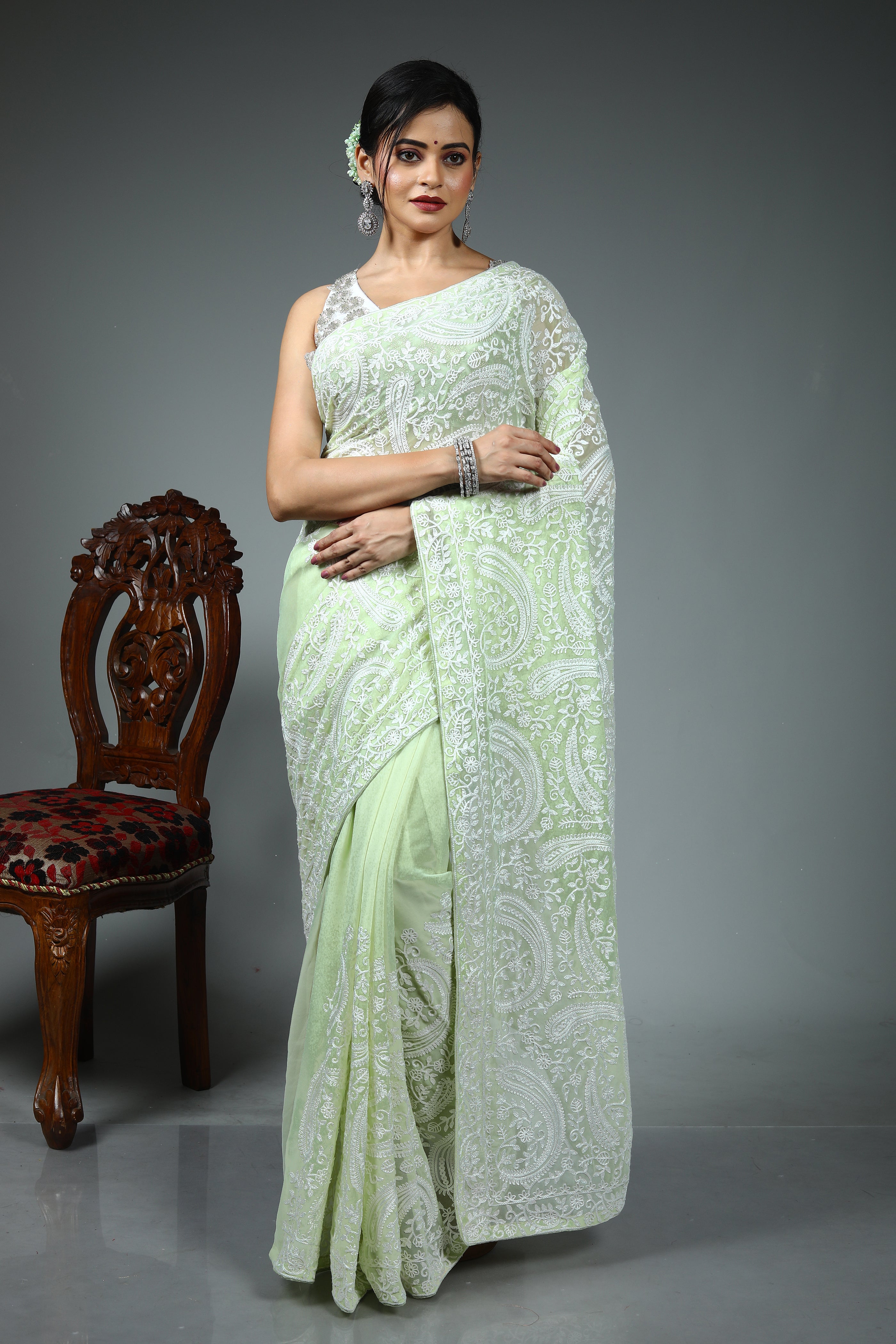 Light Green Blended Chiffon Silk Saree