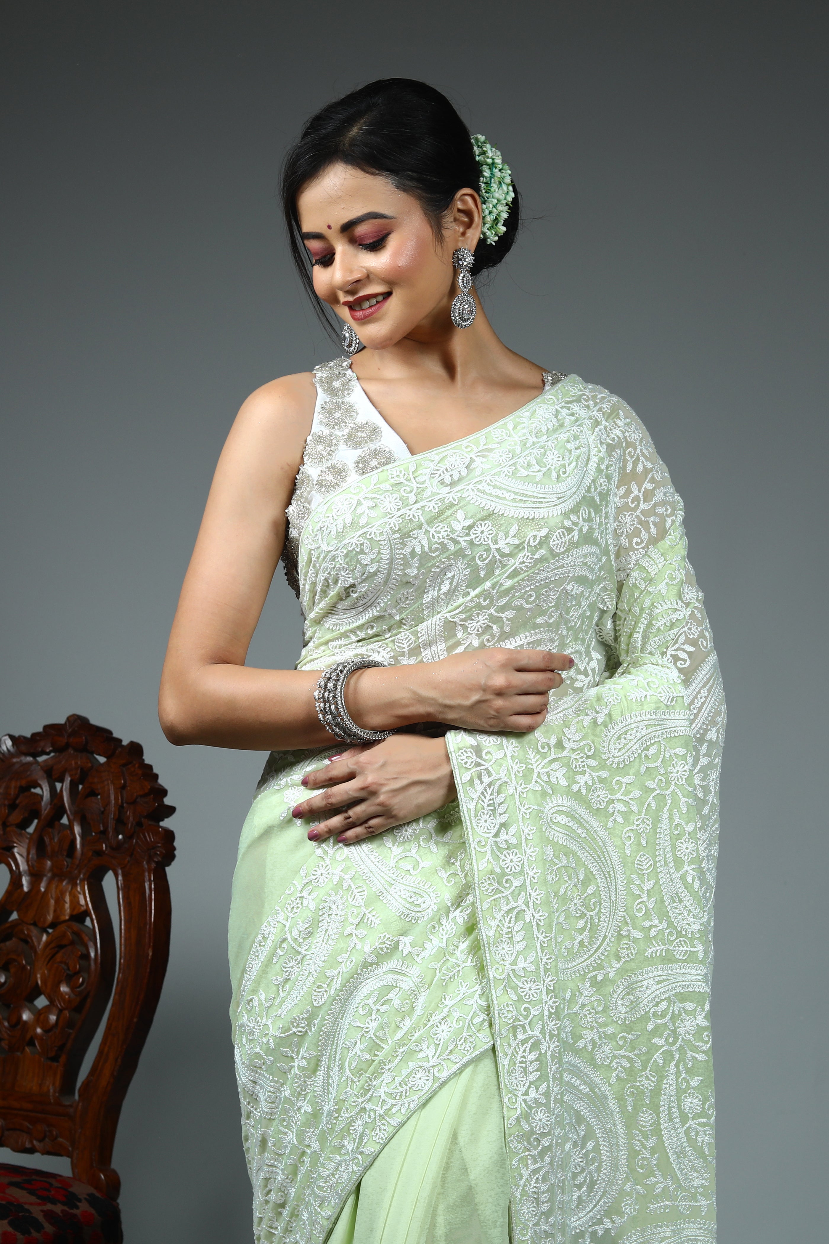 Light Green Blended Chiffon Silk Saree