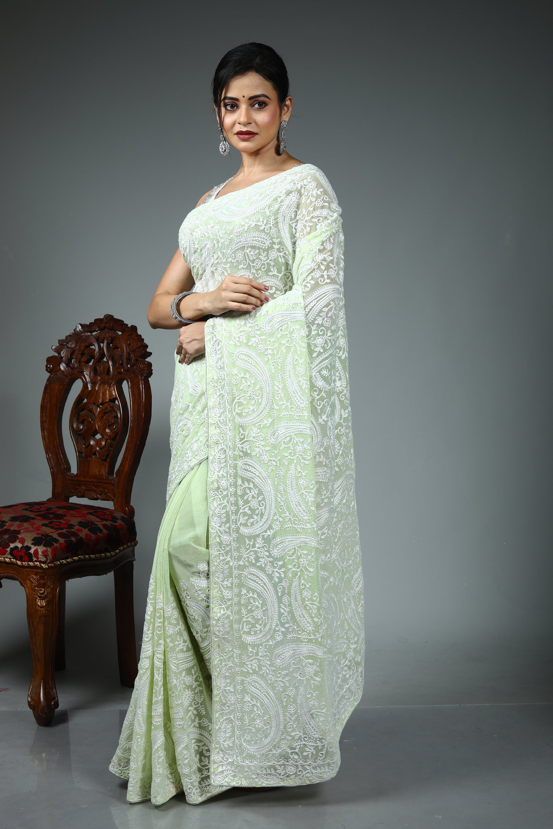 Light Green Blended Chiffon Silk Saree