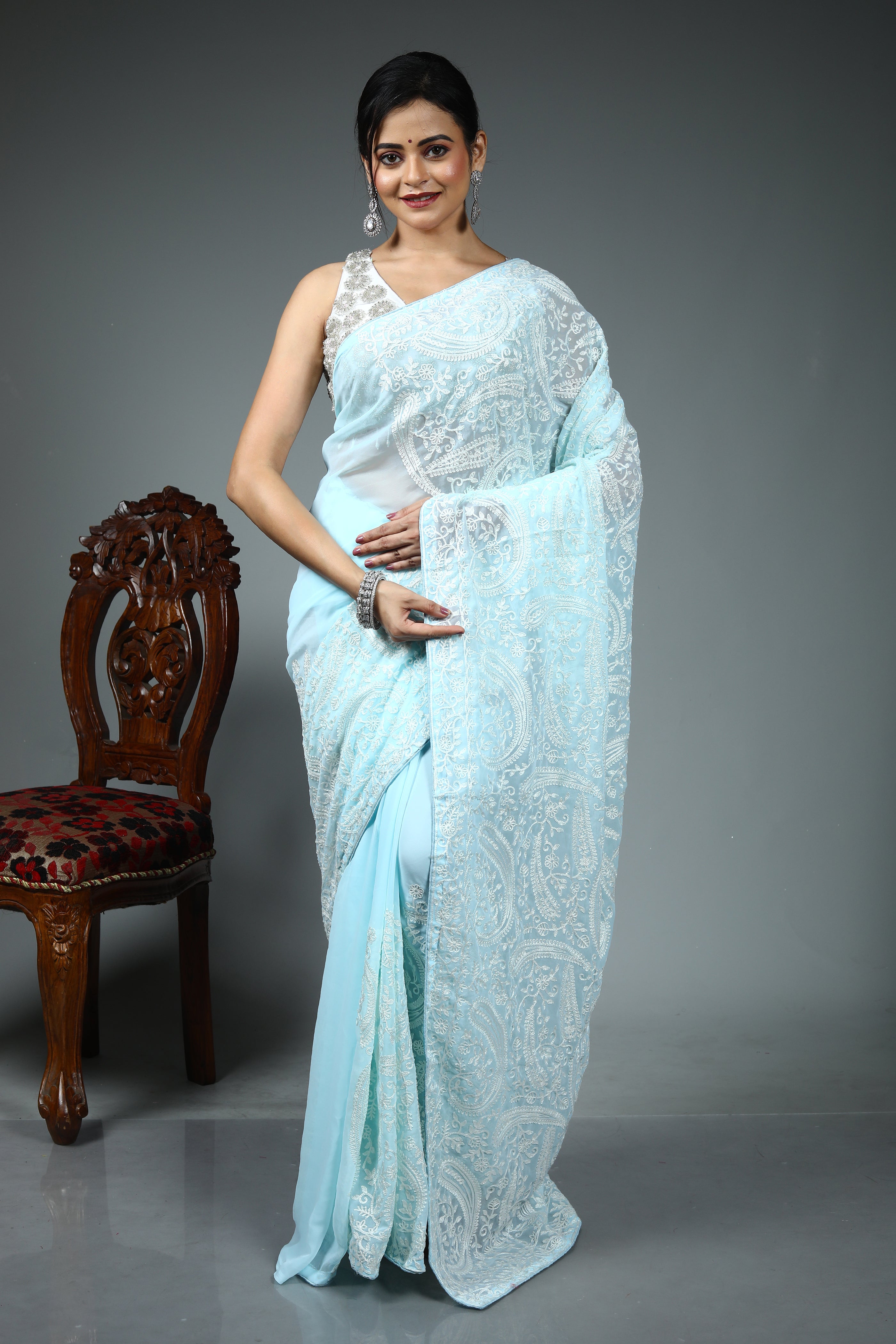 Light Blue Blended Chiffon Silk Saree