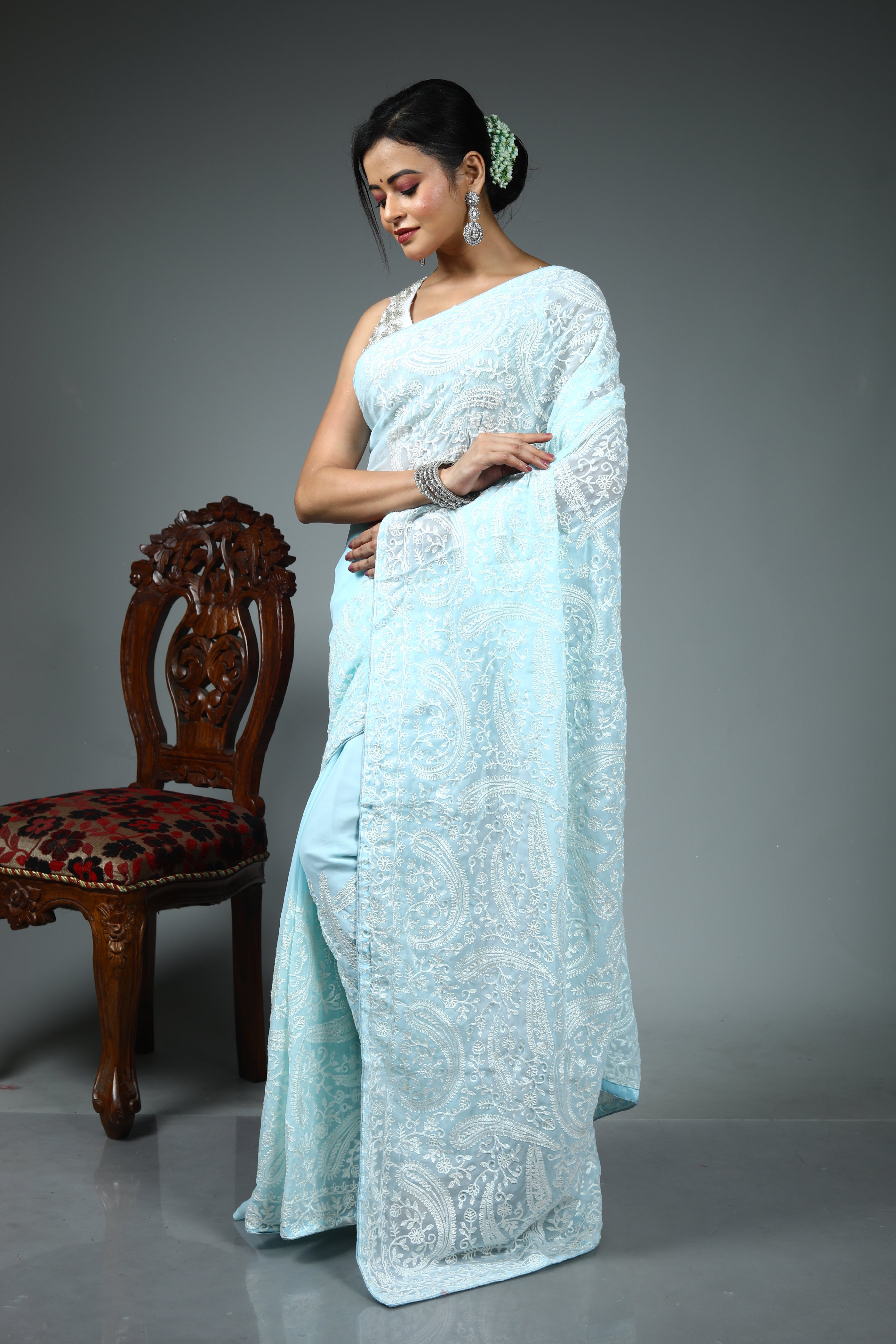 Light Blue Blended Chiffon Silk Saree