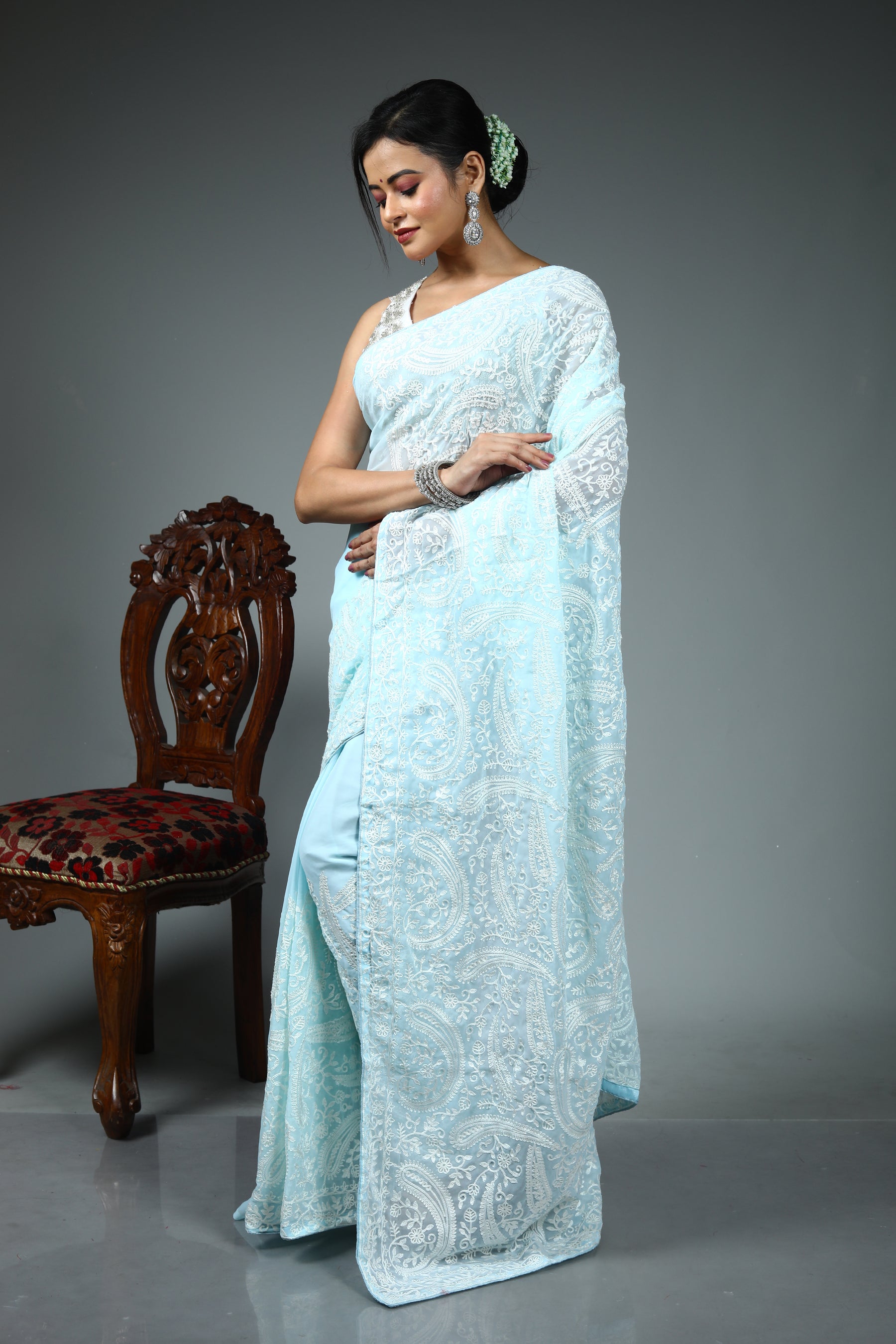 Light Blue Blended Chiffon Silk Saree