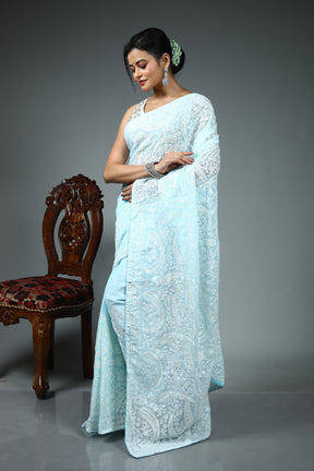 Light Blue Blended Chiffon Silk Saree