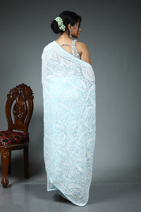 Light Blue Blended Chiffon Silk Saree