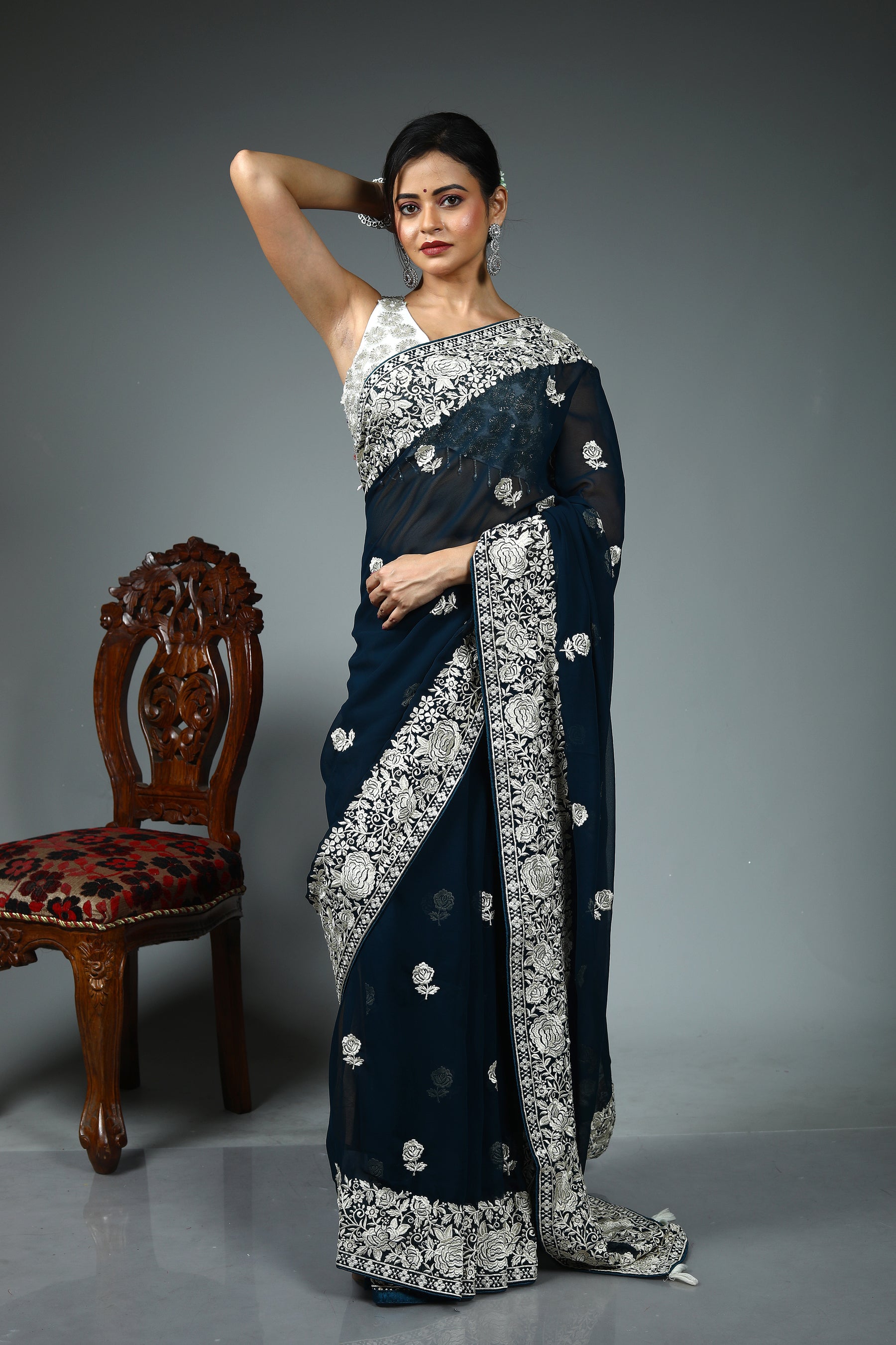 Dark Green Blended Georgette Saree