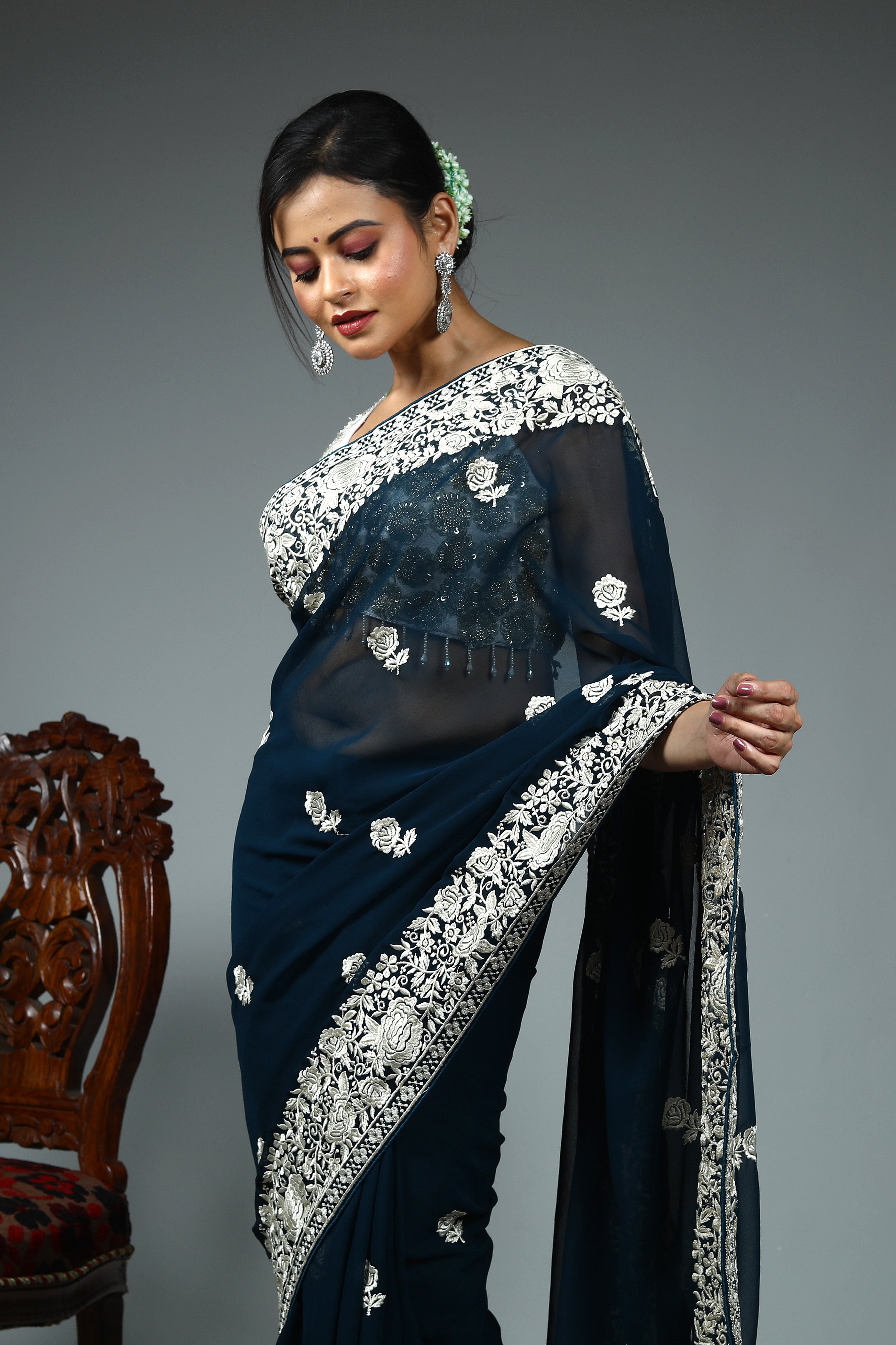 Dark Green Blended Georgette Saree
