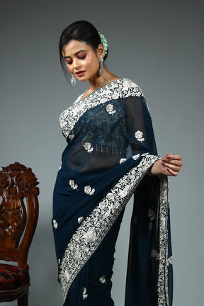 Dark Green Blended Georgette Saree