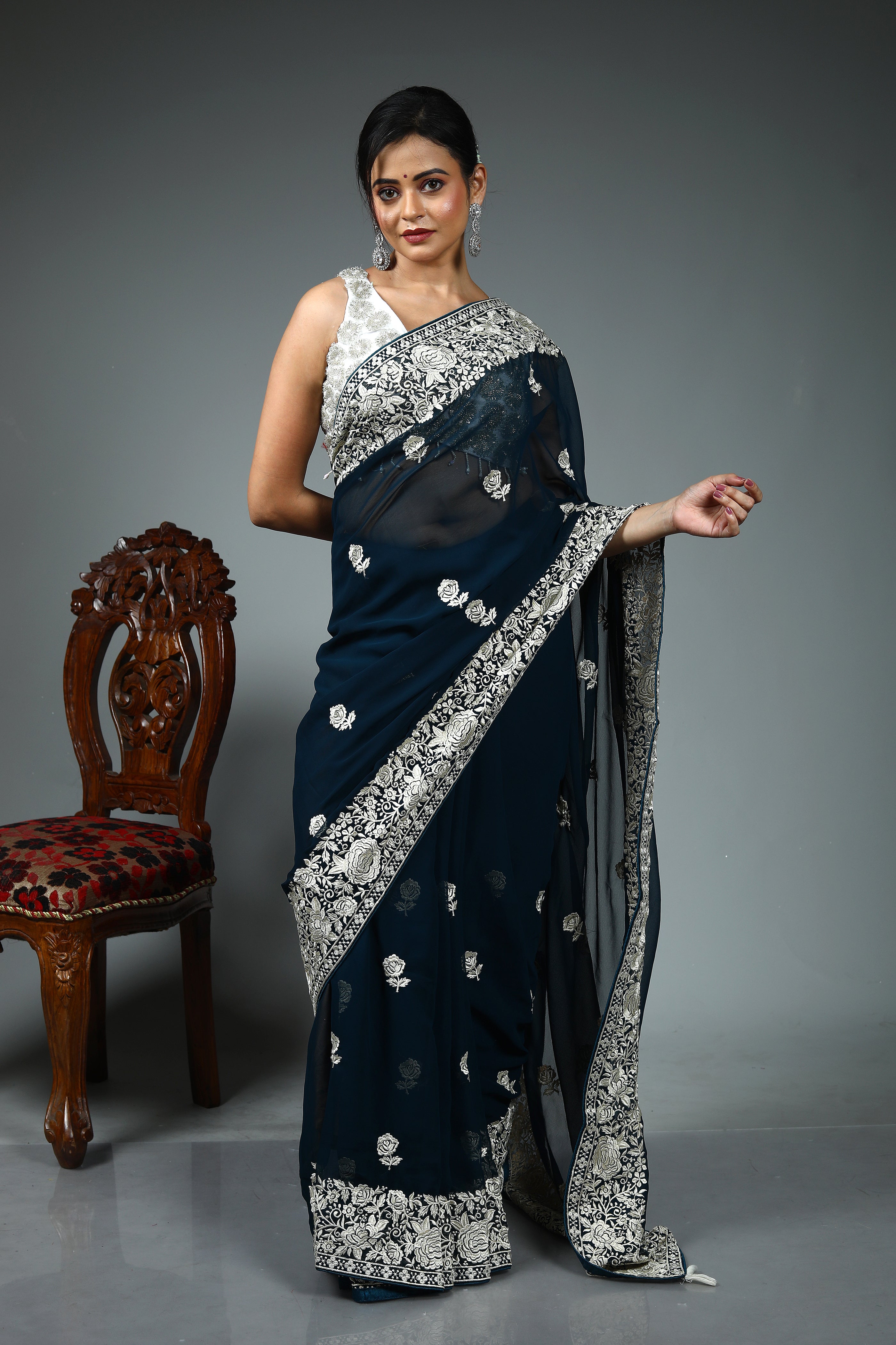 Dark Green Blended Georgette Saree