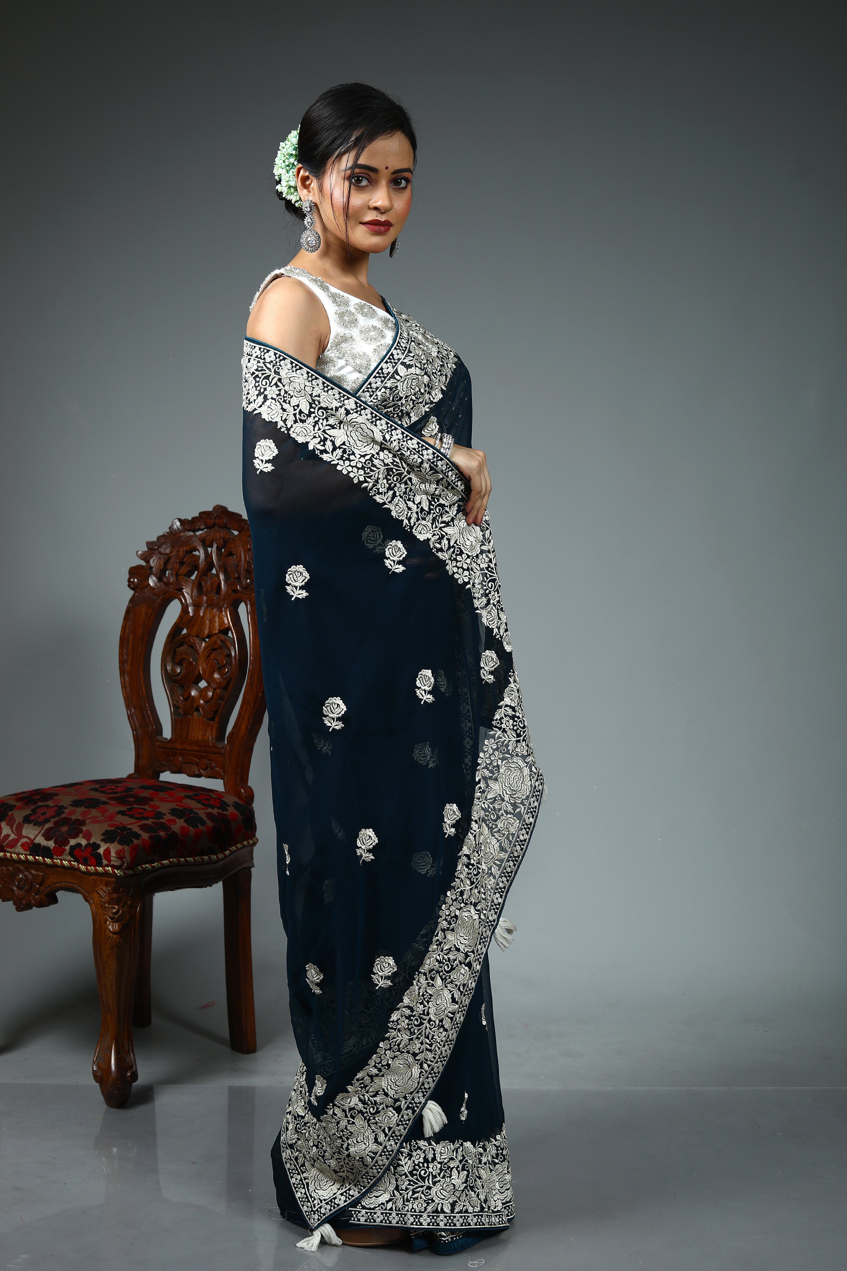 Dark Green Blended Georgette Saree