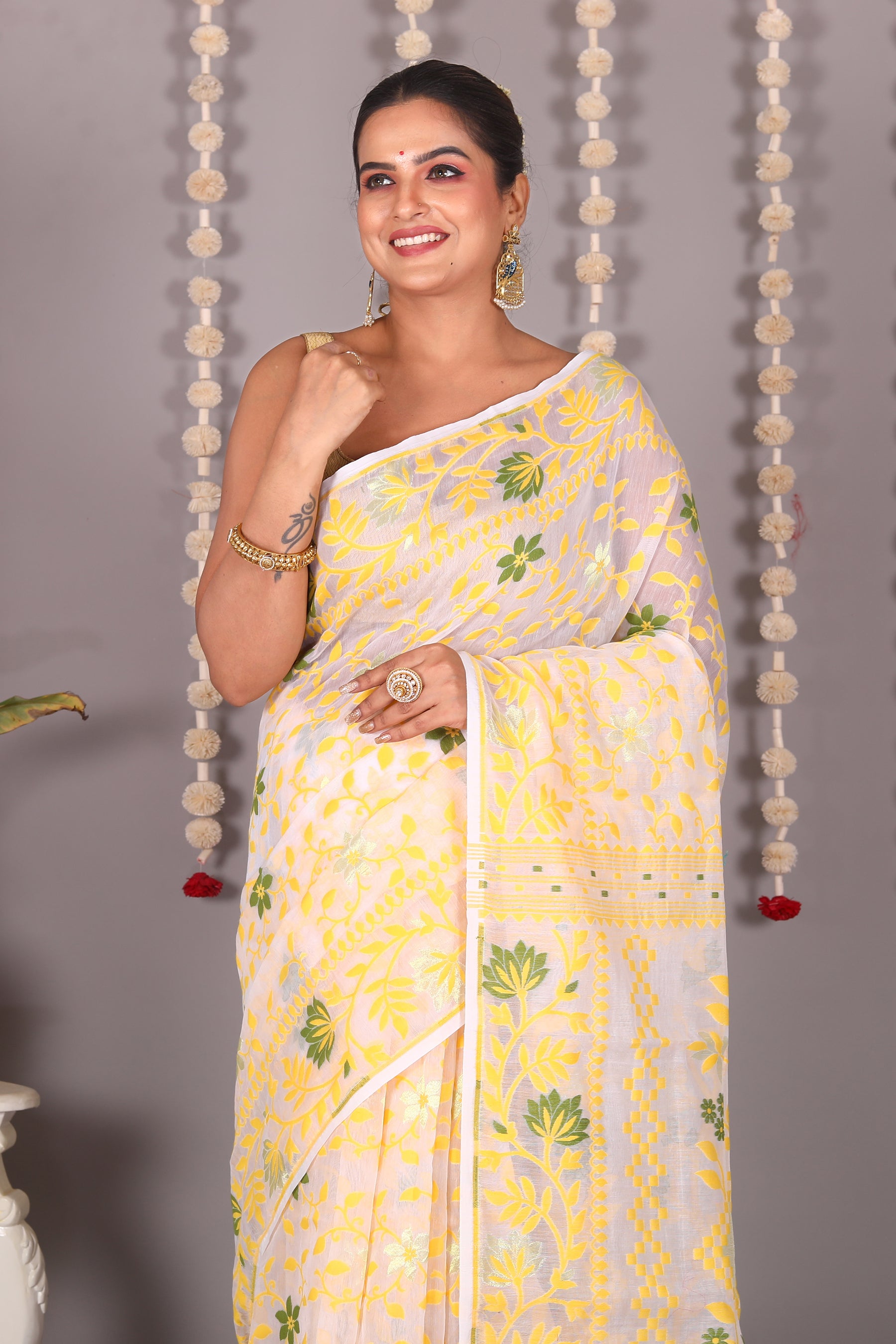White Cotton Jamdani Saree - Keya Seth Exclusive